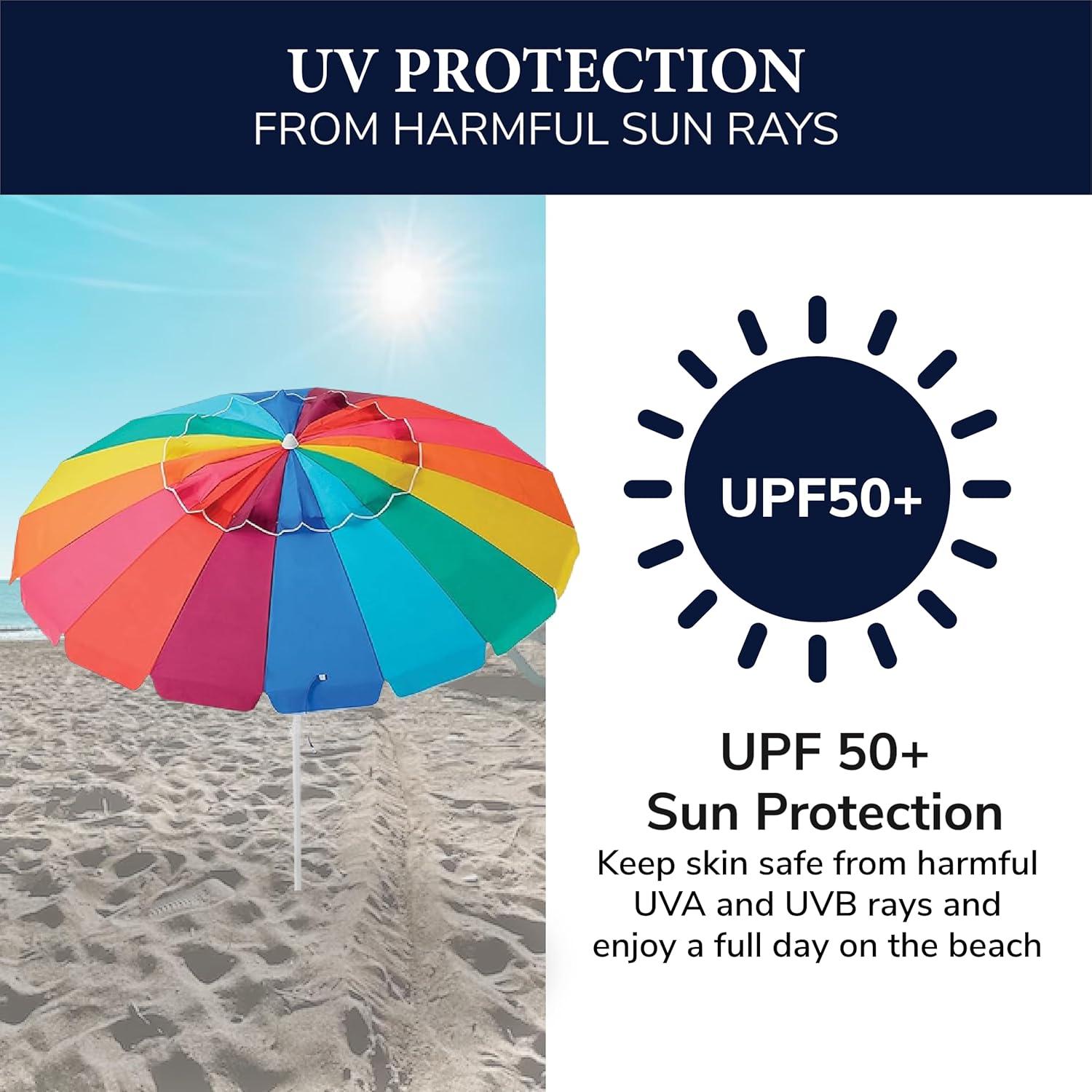 Caribbean Joe 8ft Beach Umbrella with UV Protection, Vented Canopy