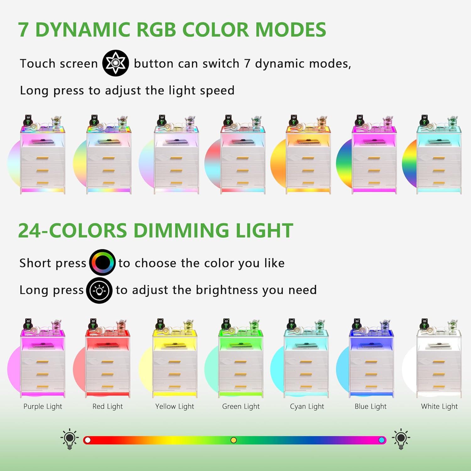 HNEBC Smart LED Nightstand with Wireless Charging & USB Ports, High Glossy Night Stand with 3 Drawers and 1 Pull-Out Tray, Modern Bedside Table with Human Sensor for Bedroom (White)