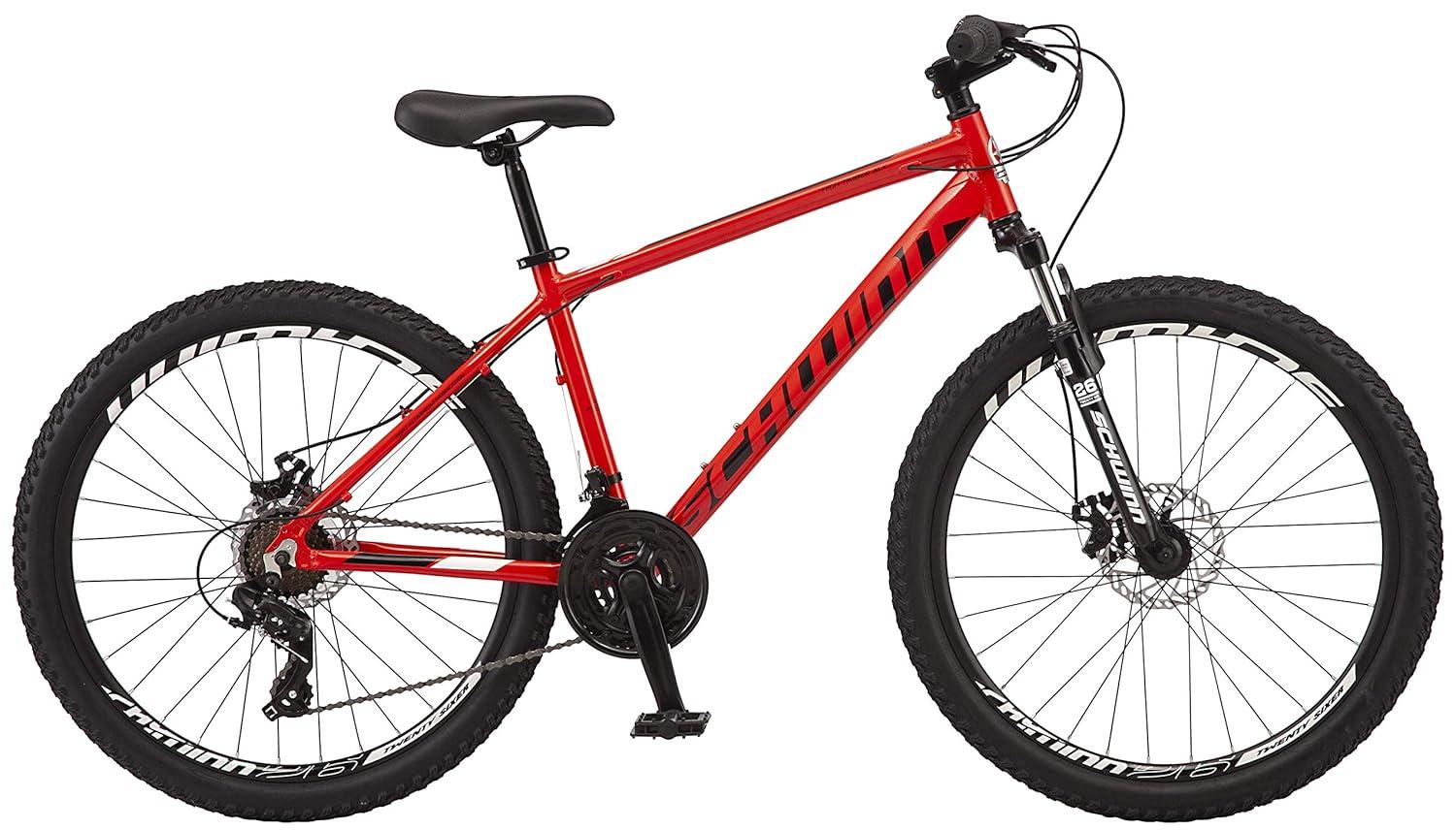 Schwinn High Timber Youth/Adult Mountain Bike for Men and Women, Aluminum and Steel Frame Options, Speeds Options, Inch Wheels Red/Black 26-Inch Wheels Aluminum Frame and Disc Brakes