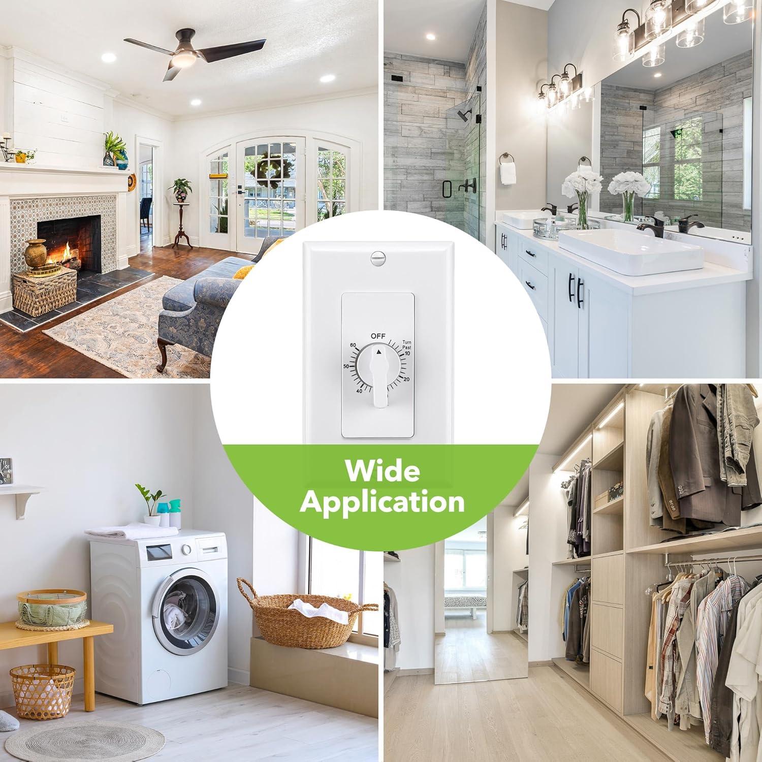 BN-LINK Heavy Duty 60-Minute in-Wall Spring Loaded Countdown Timer, Mechanical Switch,for Bathroom Fan ,Lights Timer, 2 Free Plate (White and Silver Metallic)