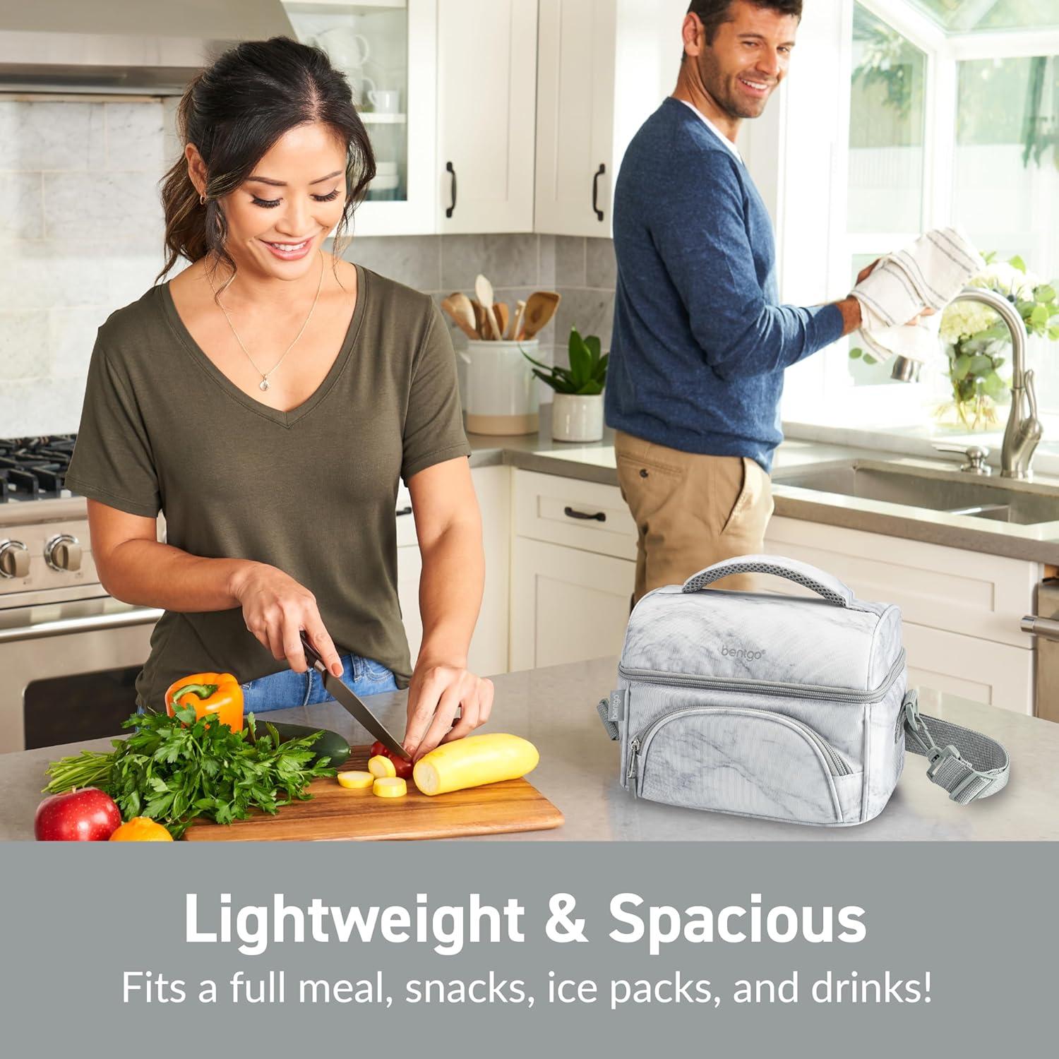 Bentgo Deluxe Lunch Bag, Durable & Insulated Bag, Internal Mesh Pocket & 2-Way Zippers - White Marble