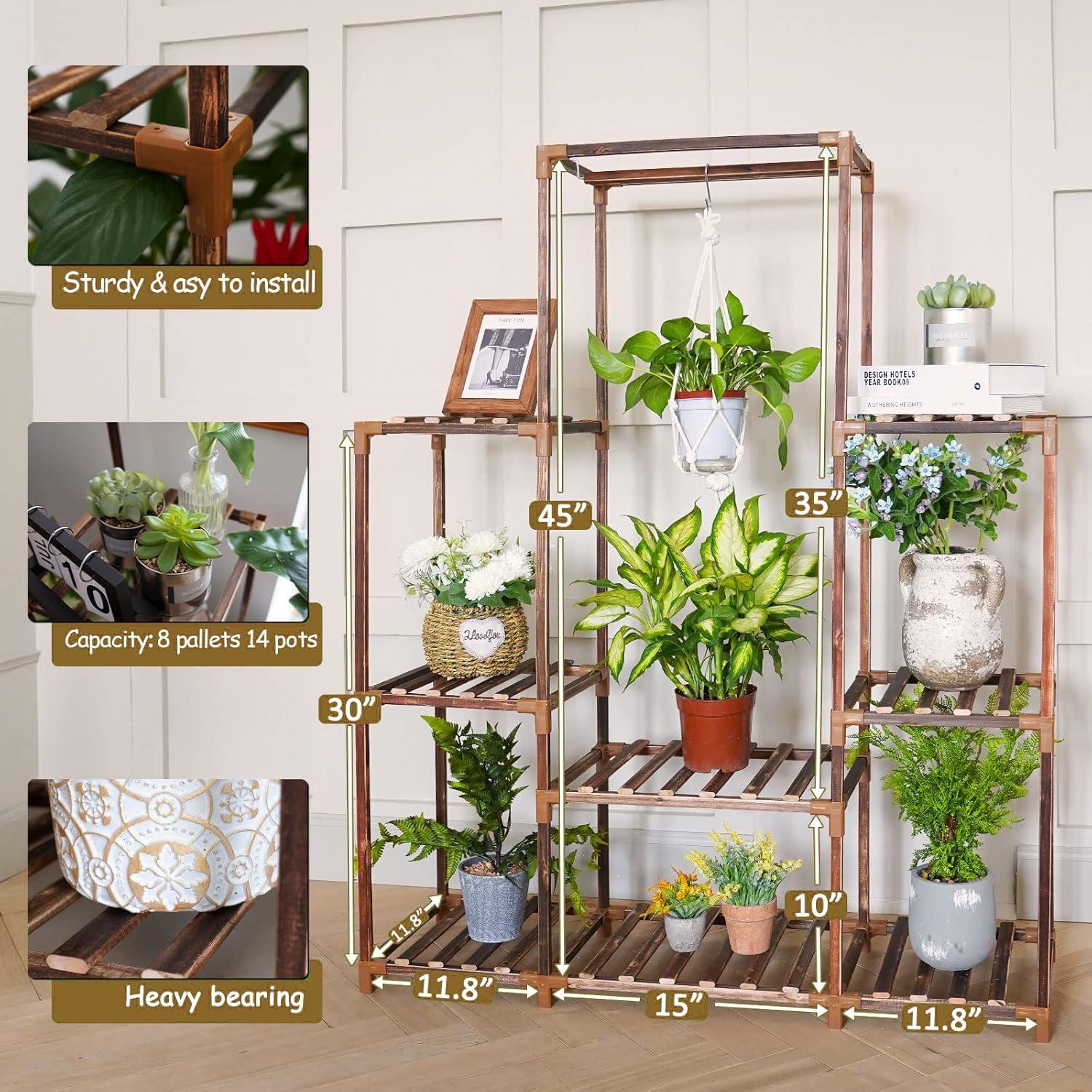 Tall Brown Pine Wood 8-Tier Indoor/Outdoor Plant Stand