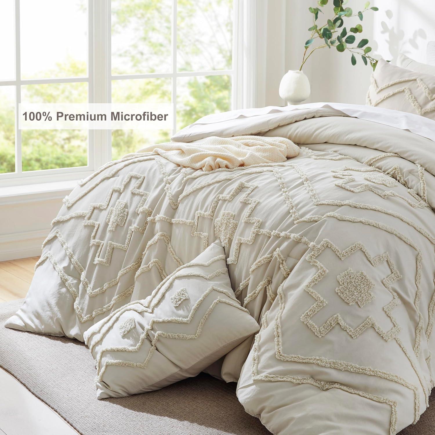 Oli Anderson Cream King Comforter Set Tufted Bedding Set King 3 Pieces, Boho Shabby Chic Comforter with 2 Pillowcases (Cream,King)