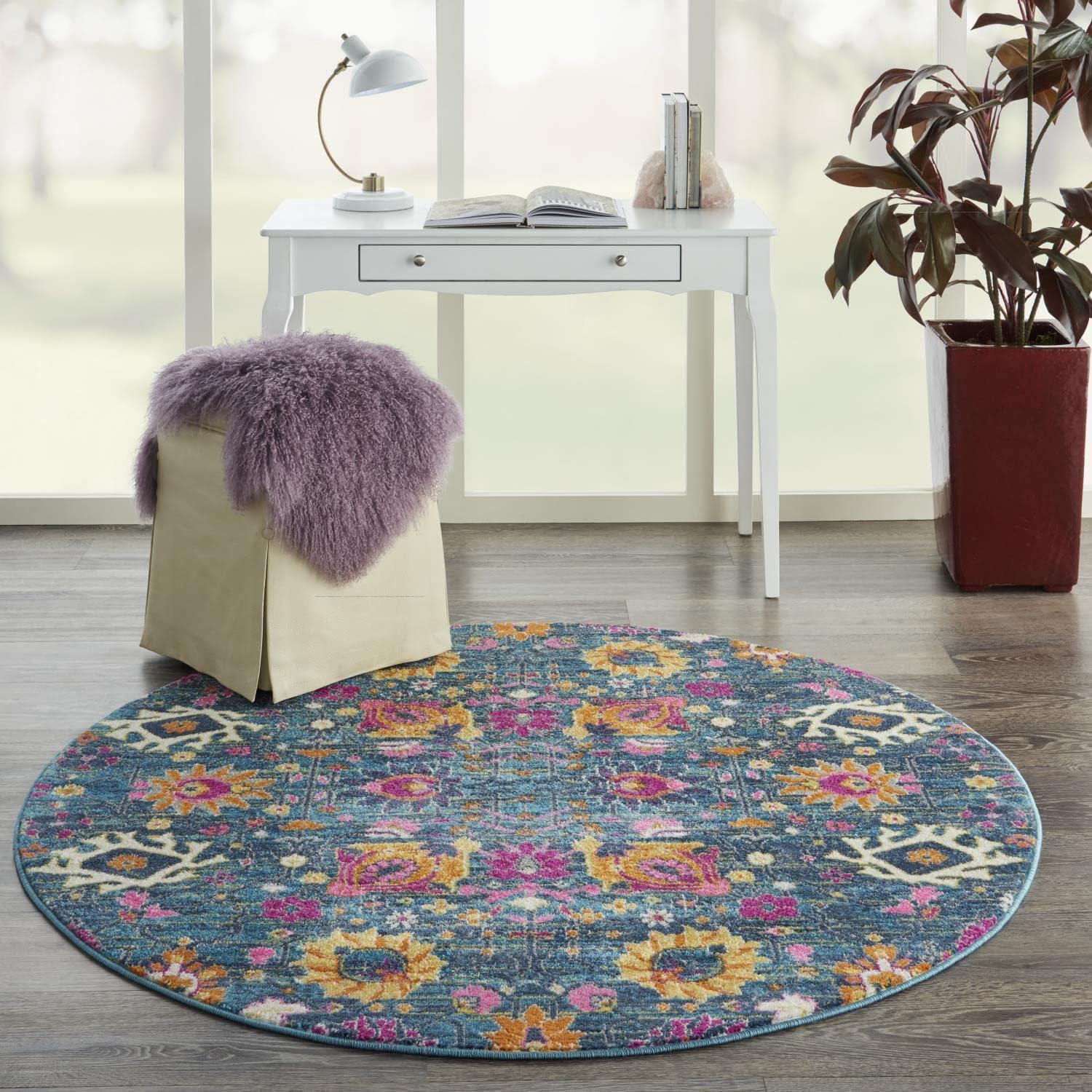 Denim Blue Floral Round Synthetic Area Rug 5'3"