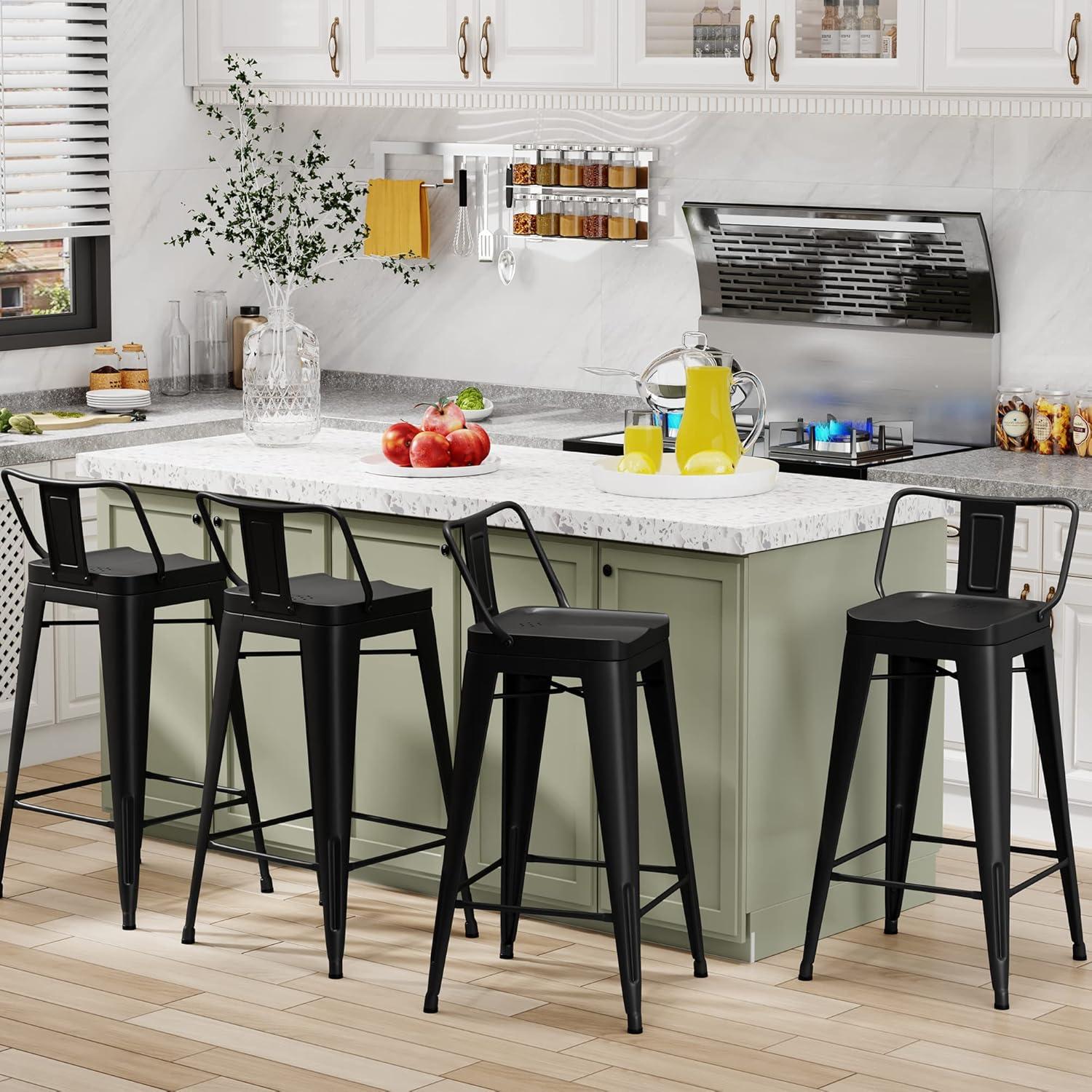 Set of 4 Black Metal and Wood Counter Height Bar Stools