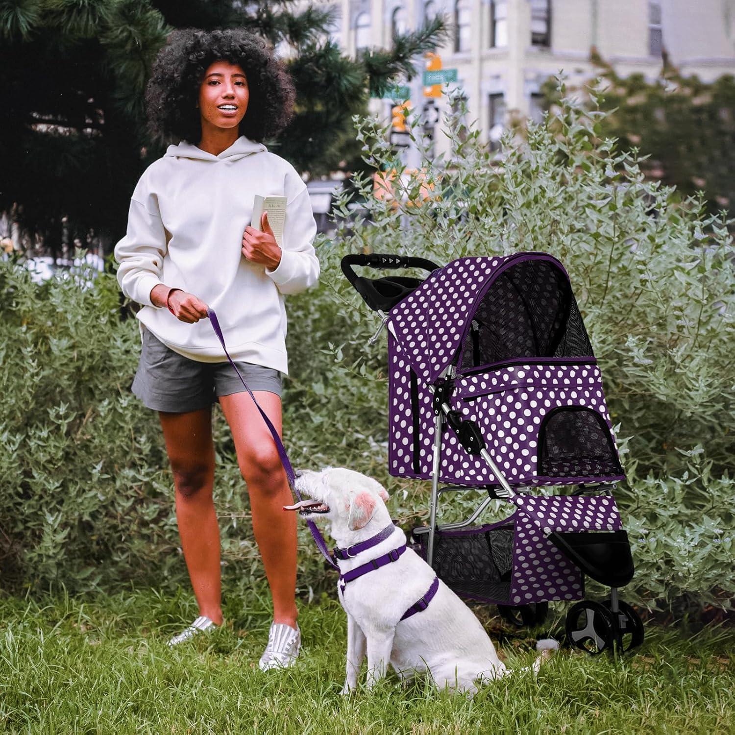 MoNiBloom 3 Wheel Folding Pet Dog Stroller, Foldable Lightweight Trolley with Storage Basket, Cup Holder and 360° Rotating Front Wheel for Small Medium Dogs, Purple with White Polka Dots