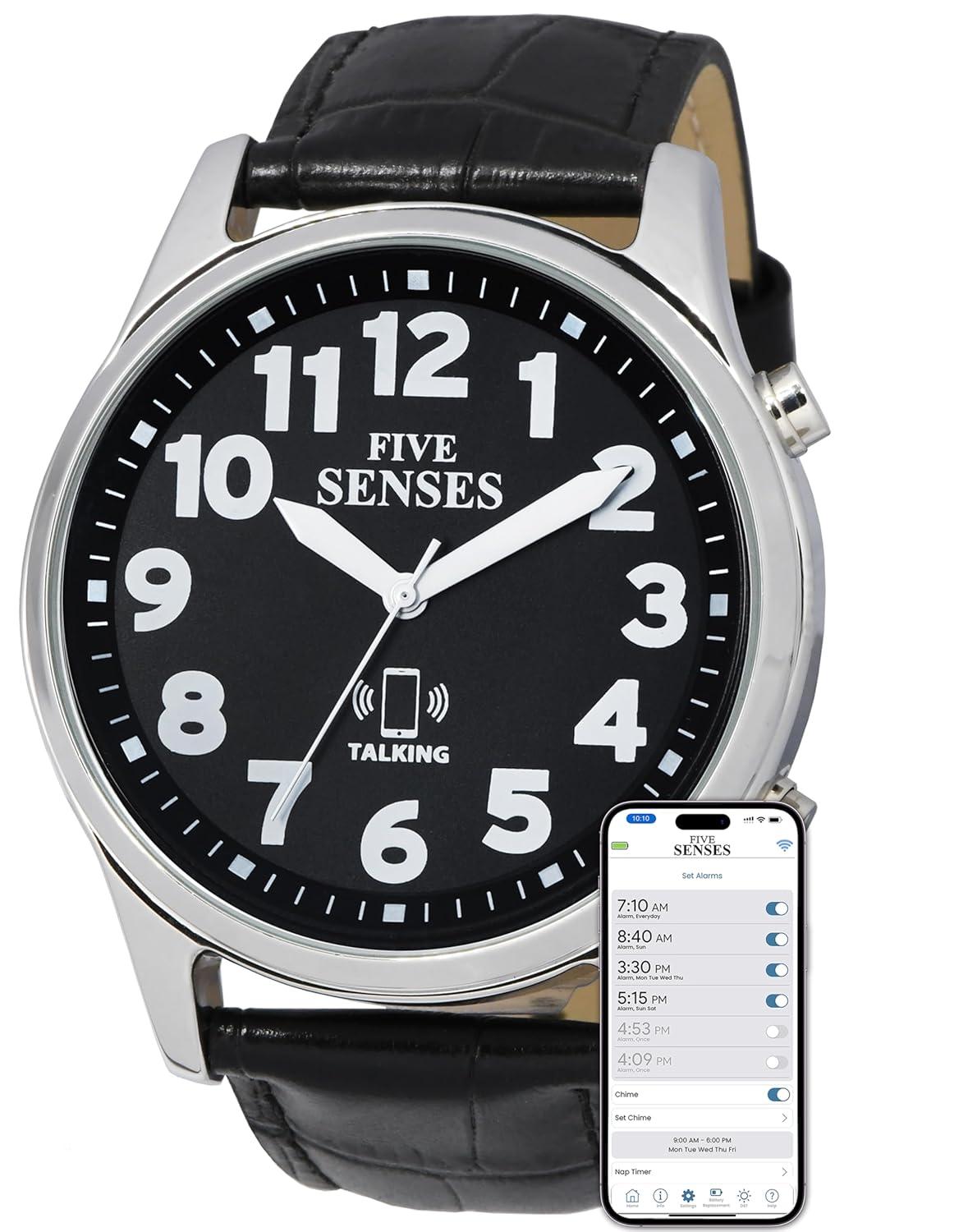 FIVE SENSES Jumbo Smart Atomic Talking Watch with Voice Reminders and App Control for Seniors and Visually Impaired - Great Gift for Blind Men and Women. Metal Talking Watches for The Blind (Black)