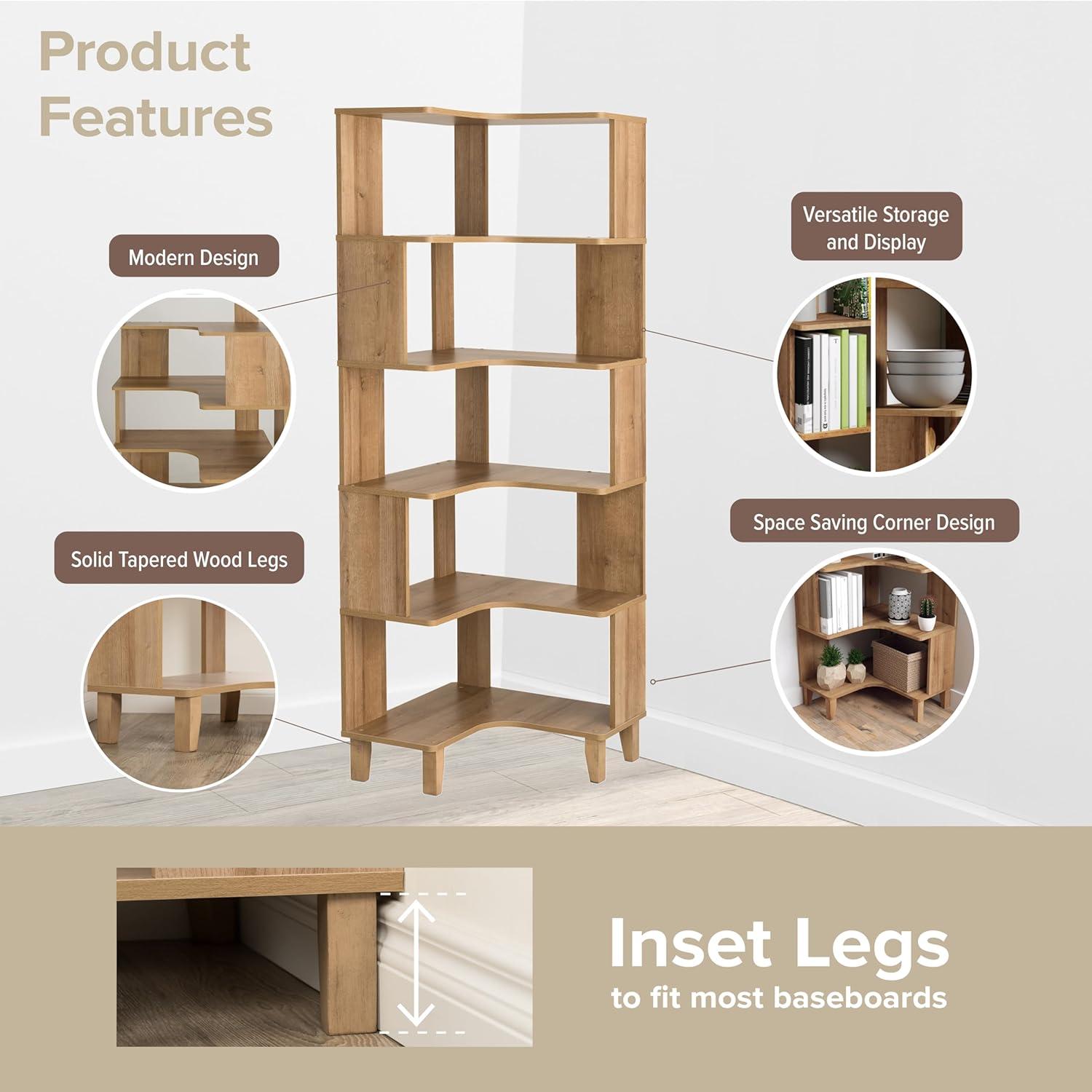 Natural Oak 6-Tier Corner Wood Bookcase with Open Back