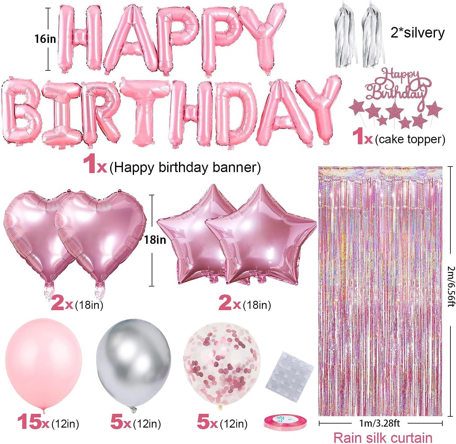 Pink and Silver Birthday Party Decoration Set with Balloons and Banner