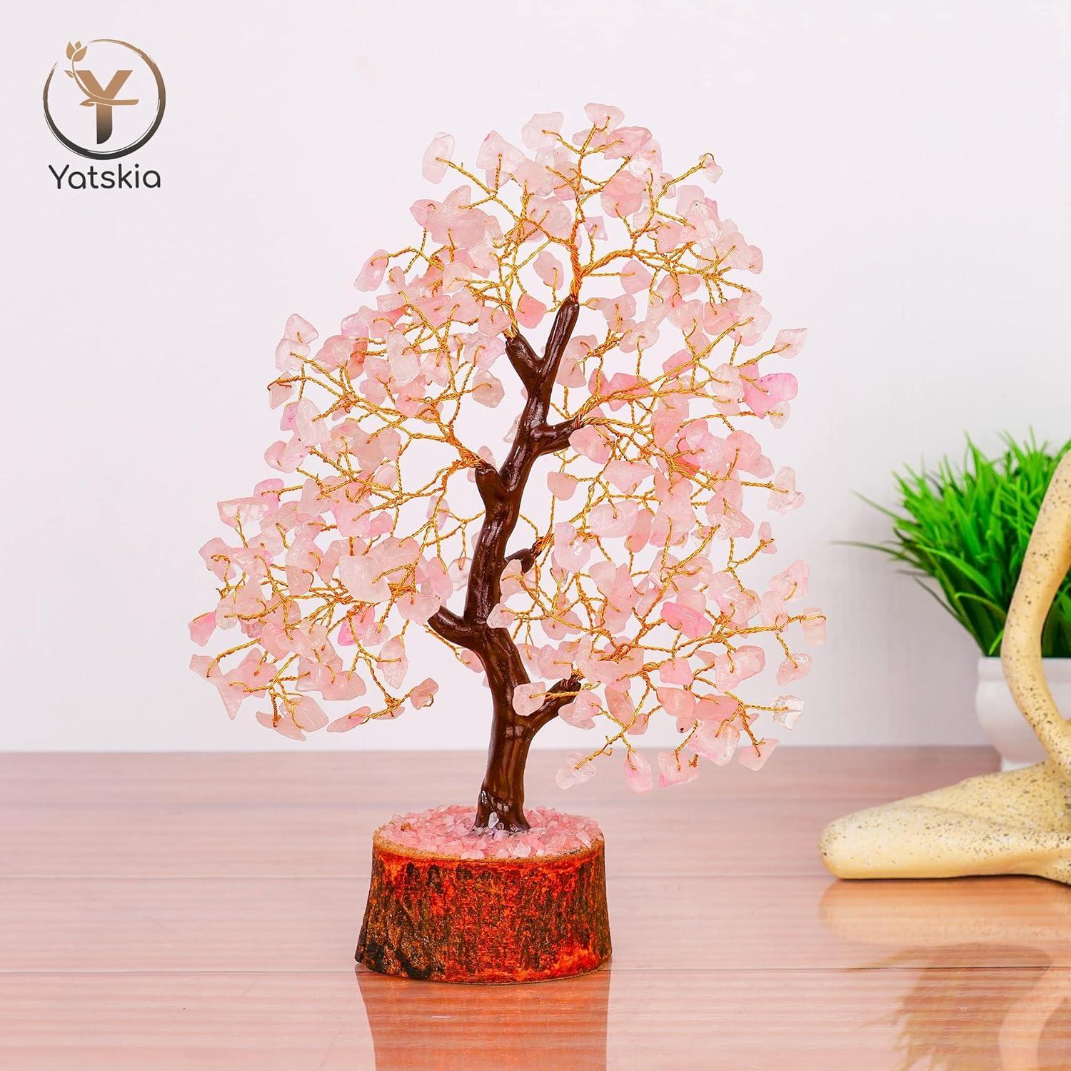 Rose Quartz Gemstone Tree - Crystal for Positive Energy, Handmade Chakra Tree, Feng Shui Figurine Money Bonsai, Good Luck Reiki Healing Crystals, Decoration Ornament Sculpture Prosperity Gift