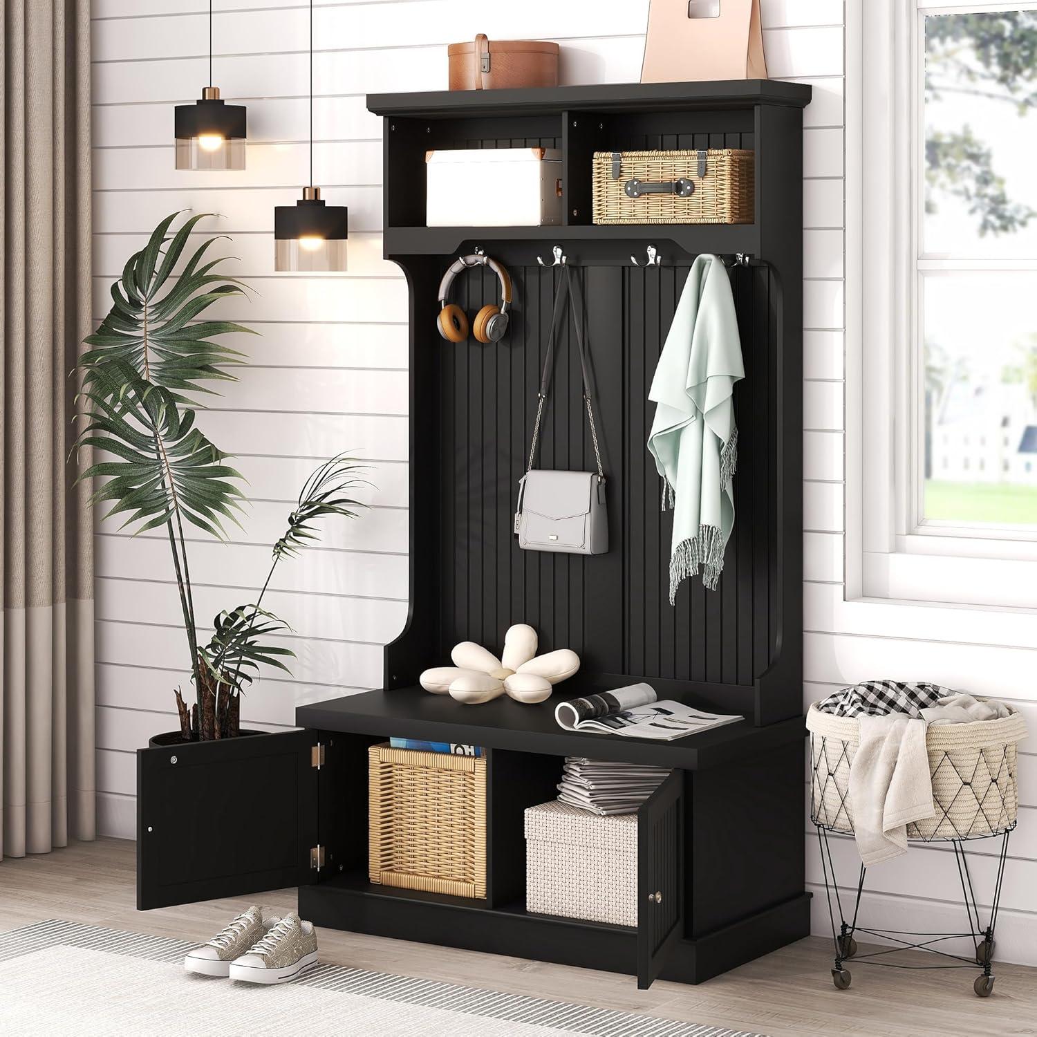 Black Hall Tree with Storage Cabinets and Metal Hooks