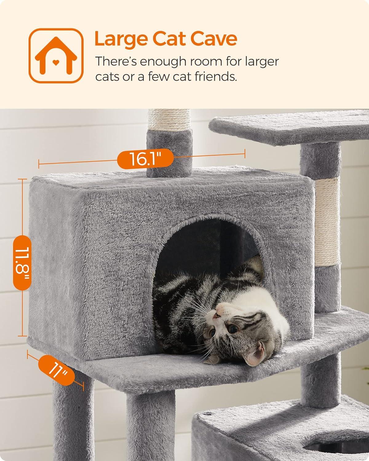 FEANDREA Multi-Level 75.2" Cat Tree with Scratching Posts & Pompoms, Light Gray