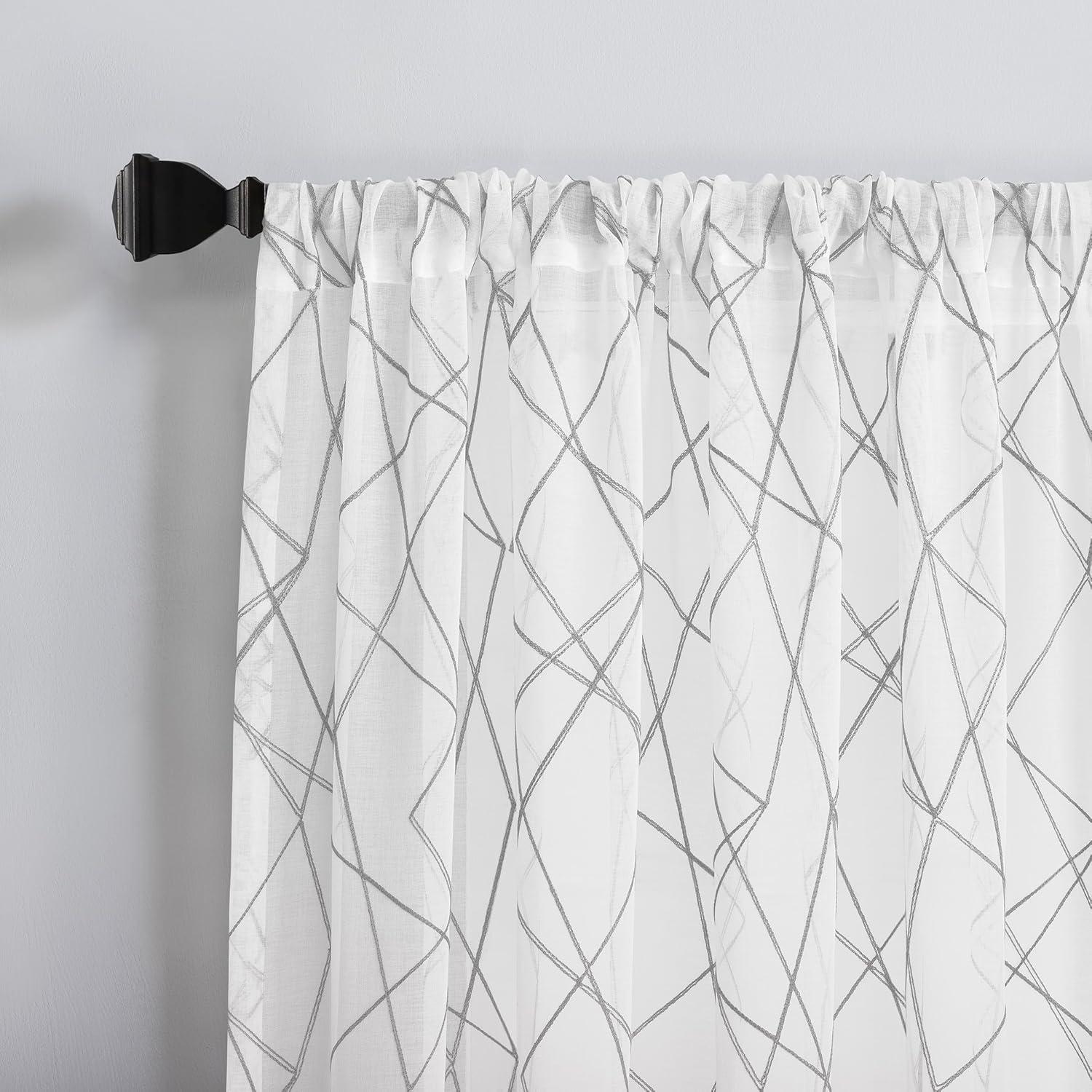 50"x63" No. 918 Light Filtering Abstract Geometric Embroidery Rod Pocket Curtain Panel Gray: Mid-Century Modern Decor