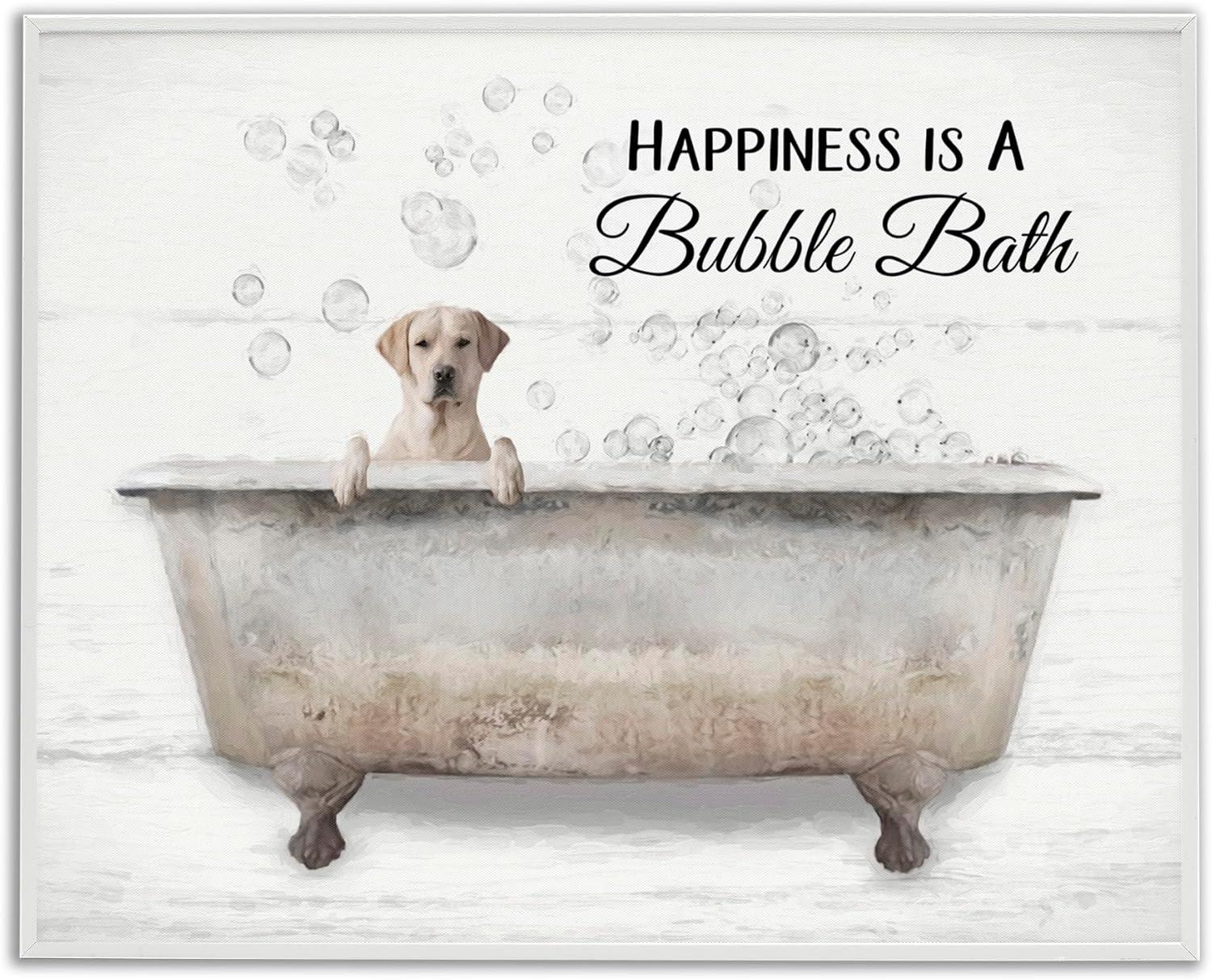 Stupell Industries Happiness Is A Bubble Bath Dog In Tub Word Design Paintings White Framed Art Print Wall Art, 24x30, by Lori Deiter