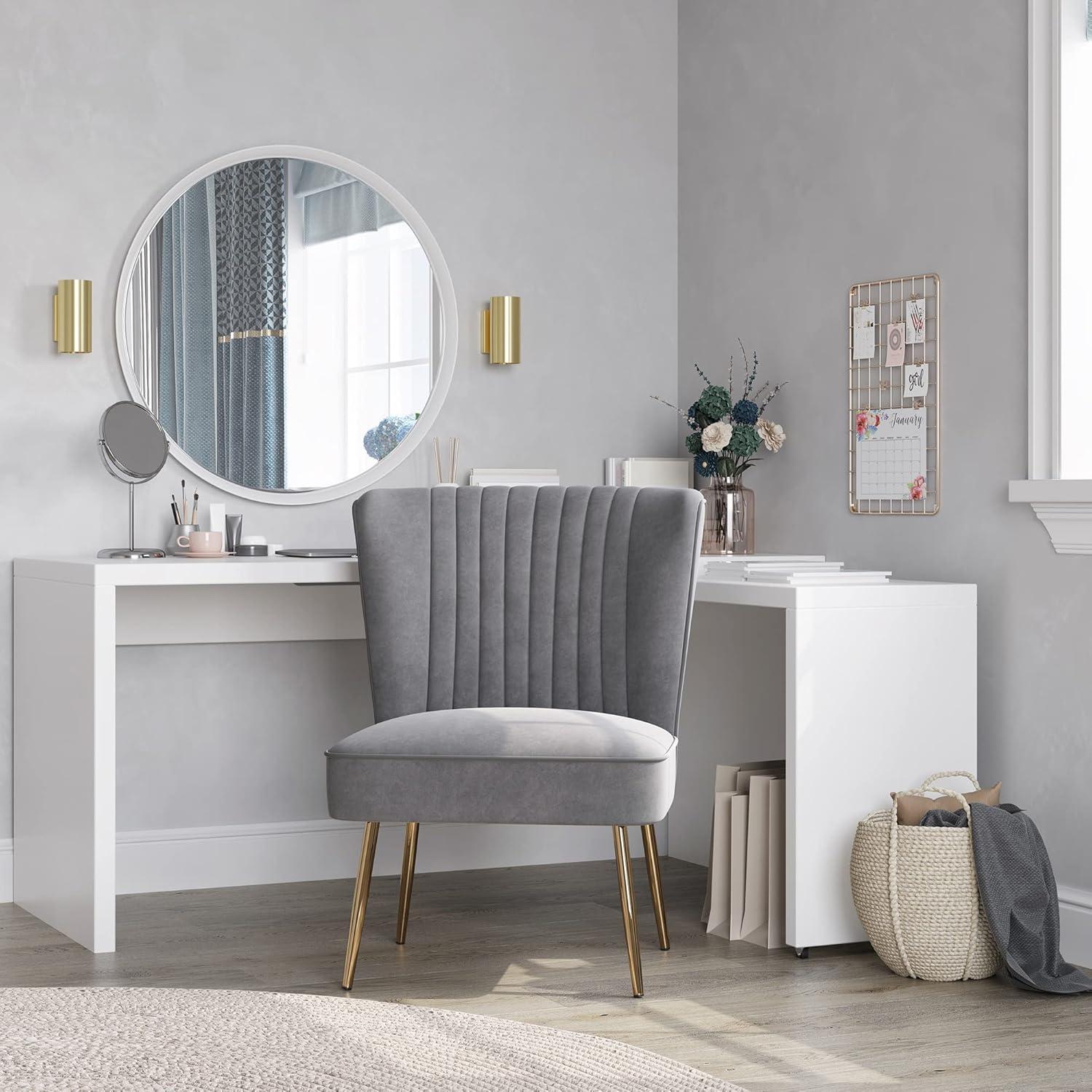 BELLEZE Modern Velvet Accent Chair With Metallic Legs And Channel Tufting, Elegant Vintage Style Armless Seating For Living Room, Bedroom, Office - Ethia (Gray)