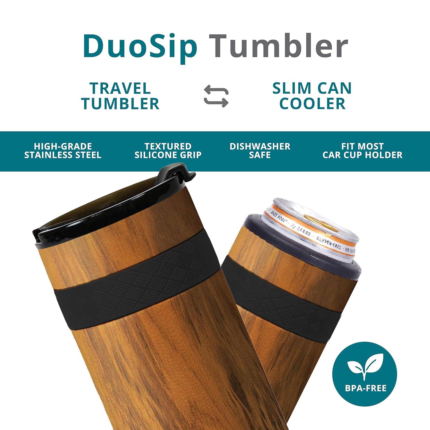 Elemental Duo-Sip 2 in 1 Travel Coffee Tumbler with 100% Leak Proof Lid & Slim Can Cooler Insulator for 12oz Slim Cans, Triple Walled Stainless Steel for Hard Seltzer & Hot/Cold Drinks - Teakwood