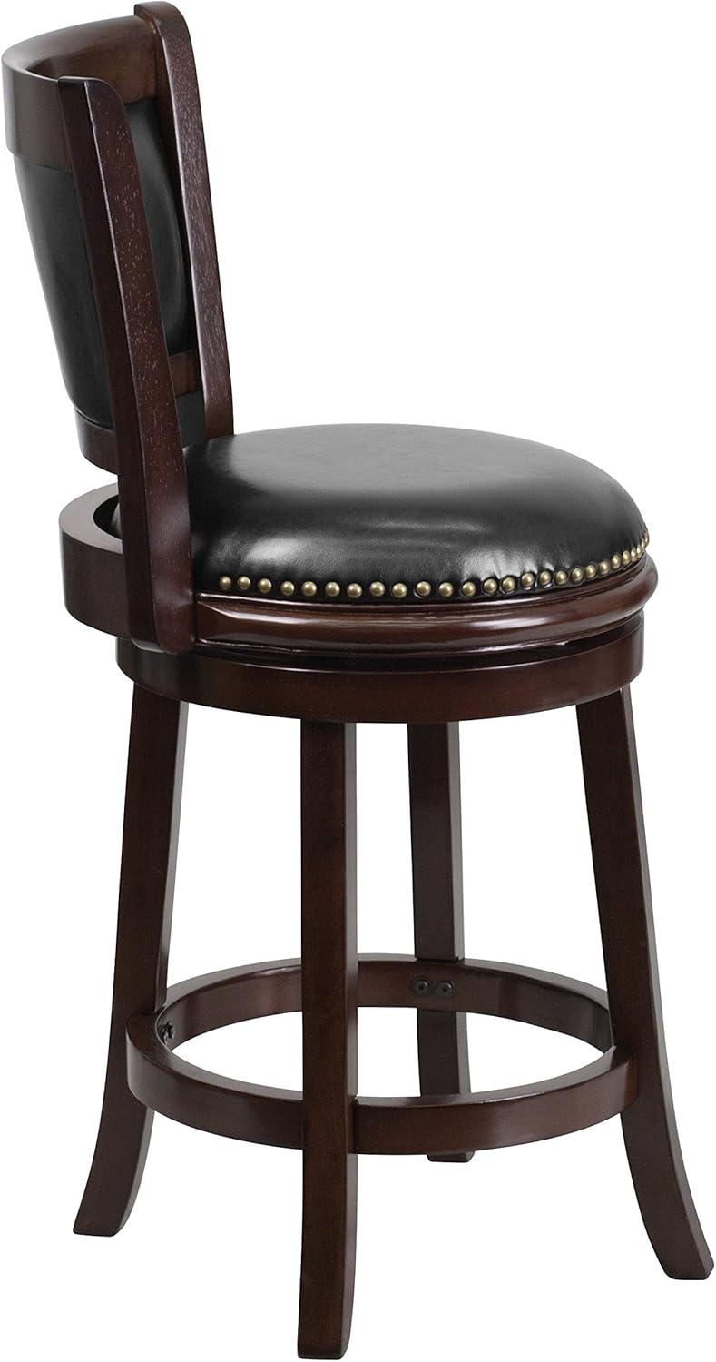 Flash Furniture 24'' High Cappuccino Wood Counter Height Stool with Panel Back and Black LeatherSoft Swivel Seat