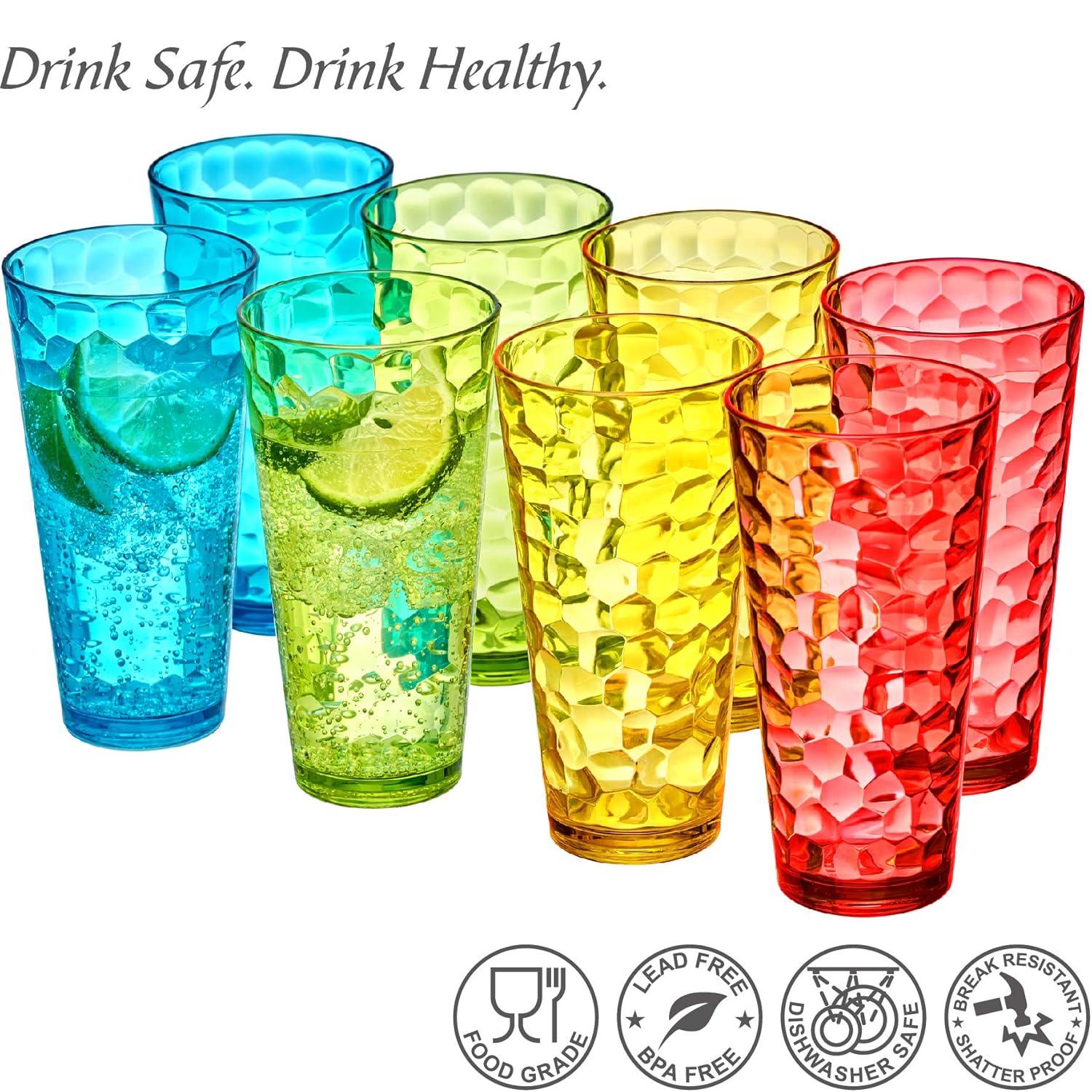 Amazing Abby - Iceberg - 24-Ounce Plastic Tumblers (Set of 8), Plastic Drinking Glasses, Mixed-Color Reusable Plastic Cups, Stackable, BPA-Free, Shatter-Proof, Dishwasher-Safe