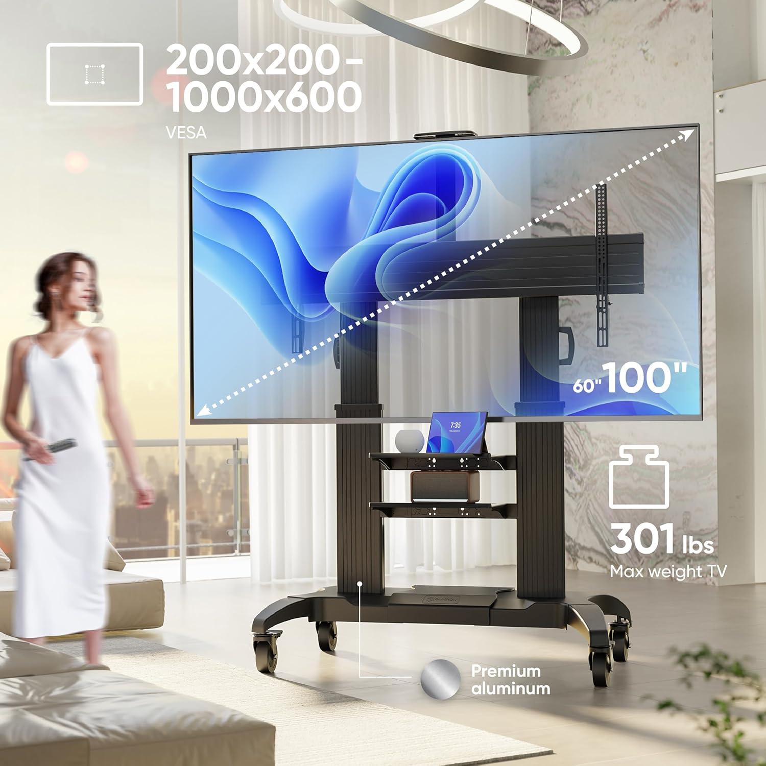 ONKRON Mobile TV Stand for 60-100 Inch Flat/Curved TV up to 301 lbs, Heavy Duty TV Stand Height Adjustable