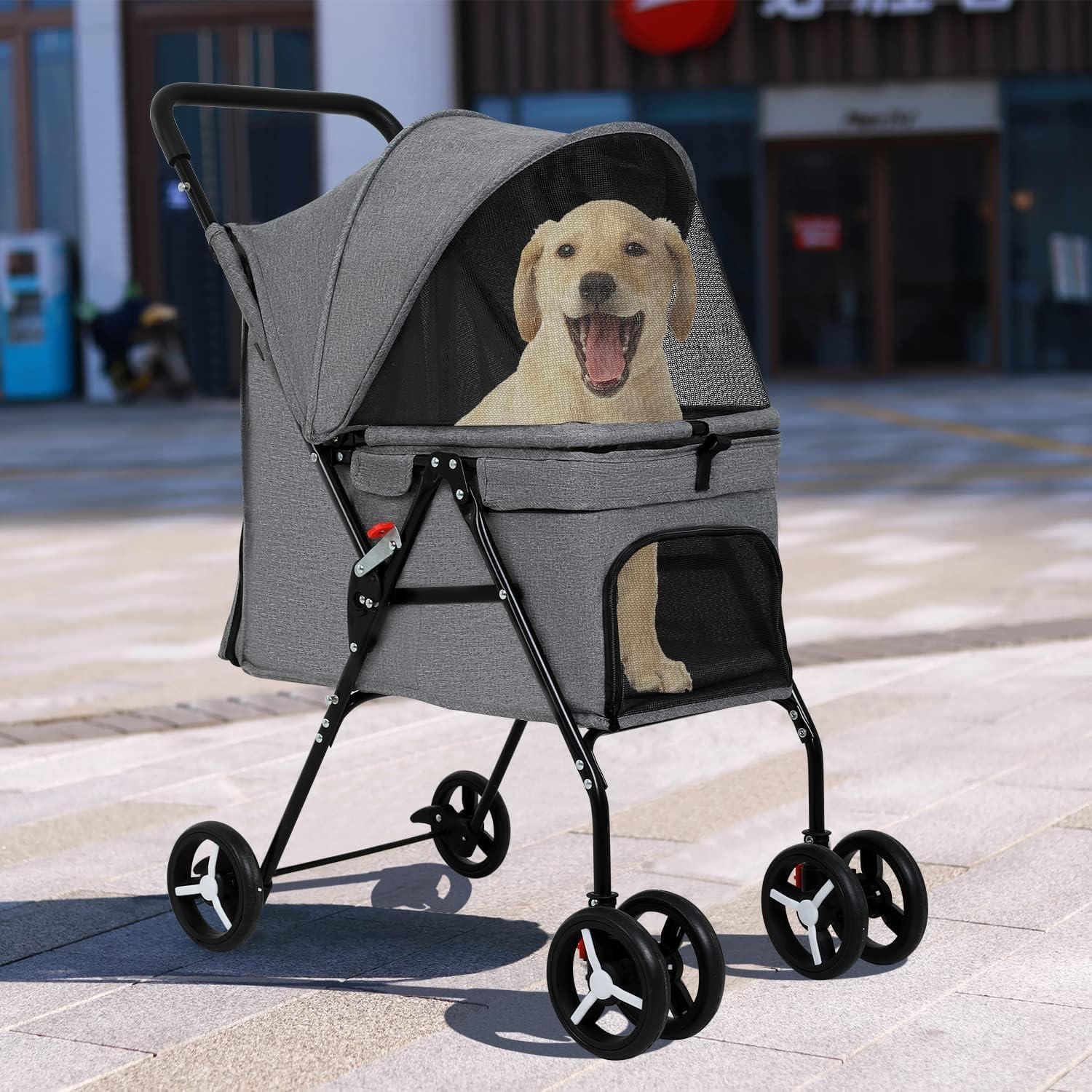 Grey Foldable Pet Stroller with Mesh Windows