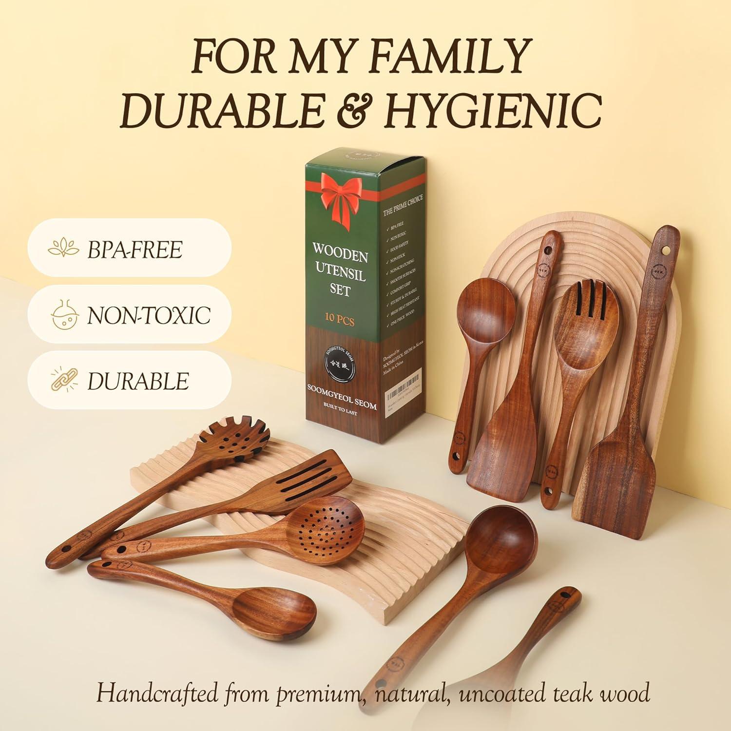 Wooden Spoons for Cooking, 10 Pcs Teak Wood Cooking Utensil Set ‚ Wooden Kitchen Utensils for Nonstick Pans & Cookware ‚ Sturdy, Lightweight & Heat Resistant