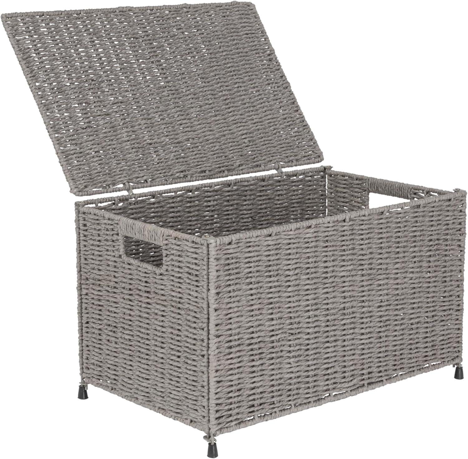 Household Essentials Woven Paper Rope Storage Chest with Hinged Lid and Integrated Handles Gray