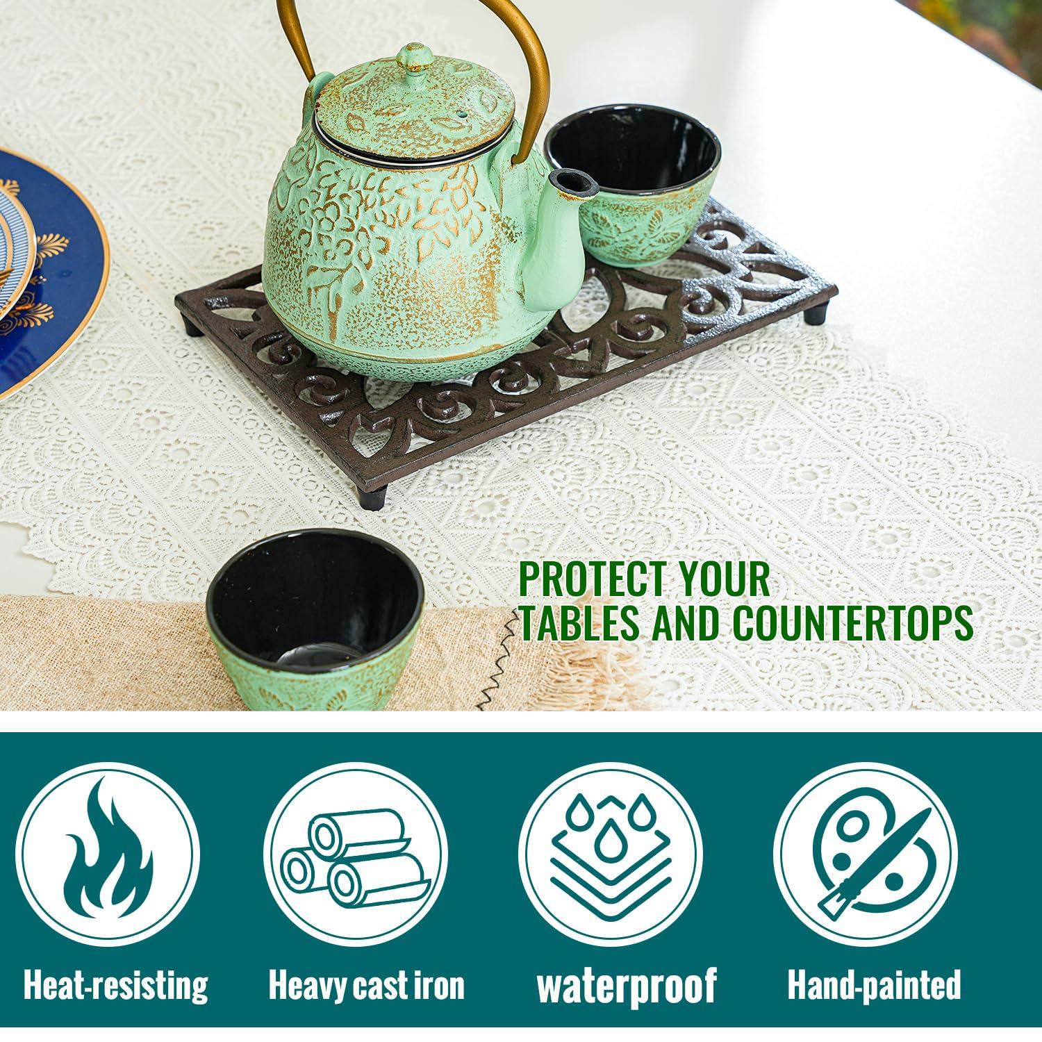 Sungmor Rectangle Cast Iron Trivets, Metal Trivet for Hot Pots and Pans, Heavy Duty Rustic Wood Stove Tea Pot Trivet, Decorative Hot Pot Holder for Kitchen Counter and Dining Table