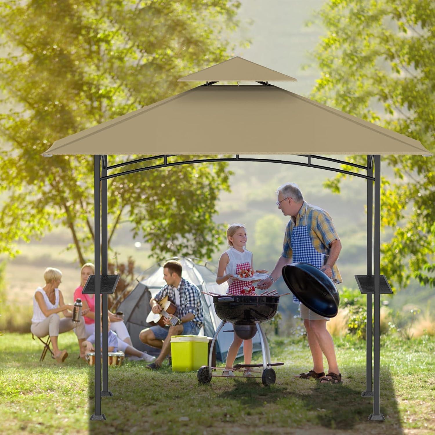 Grill Gazebo Replacement Top, 5 * 8 Outdoor BBQ Top Cover, Double Layer BBQ Gazebo Top Canopy for Model #L-GG001PST-F (Khaki)
