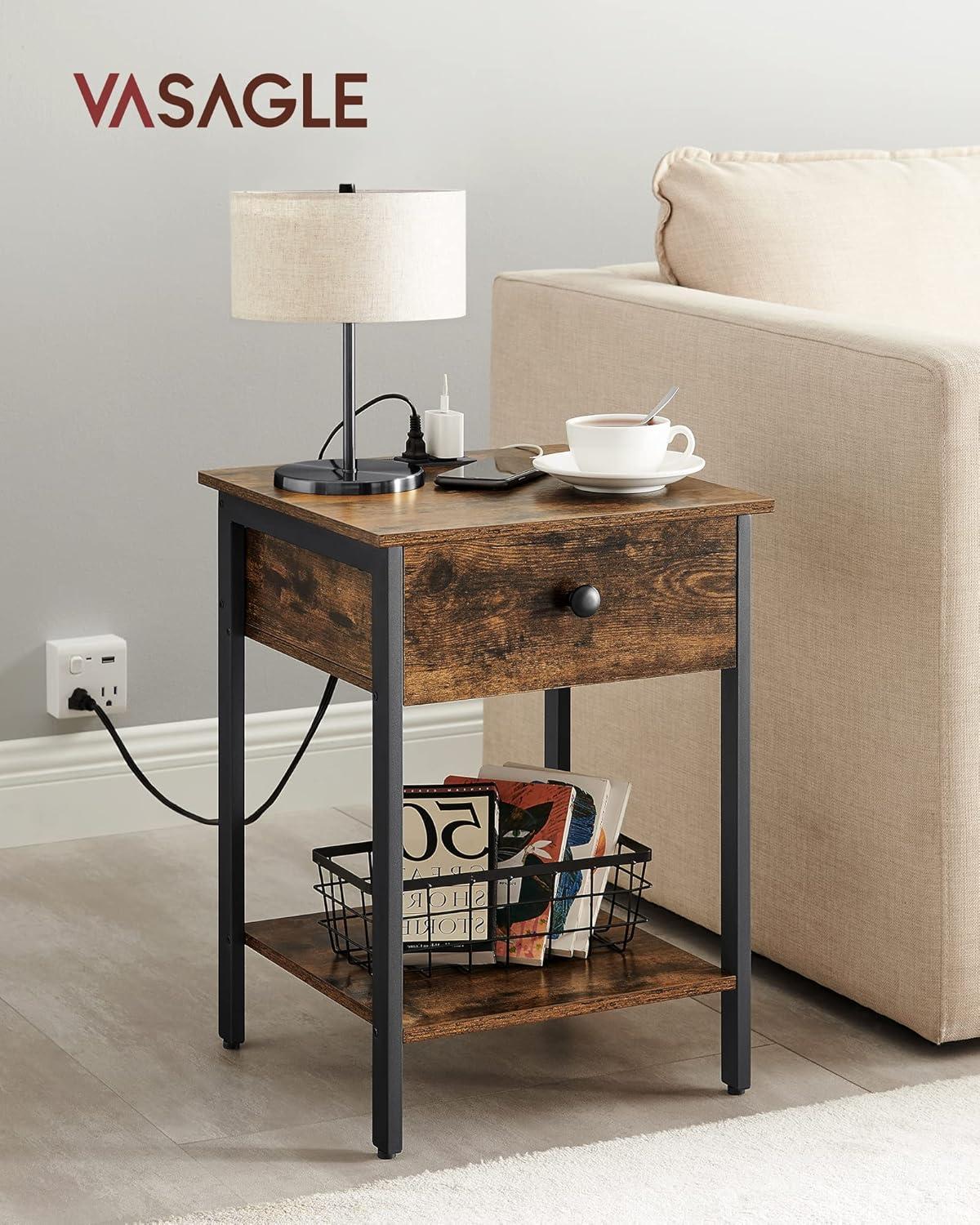 Rustic Black Metal and Wood Nightstand with Drawer