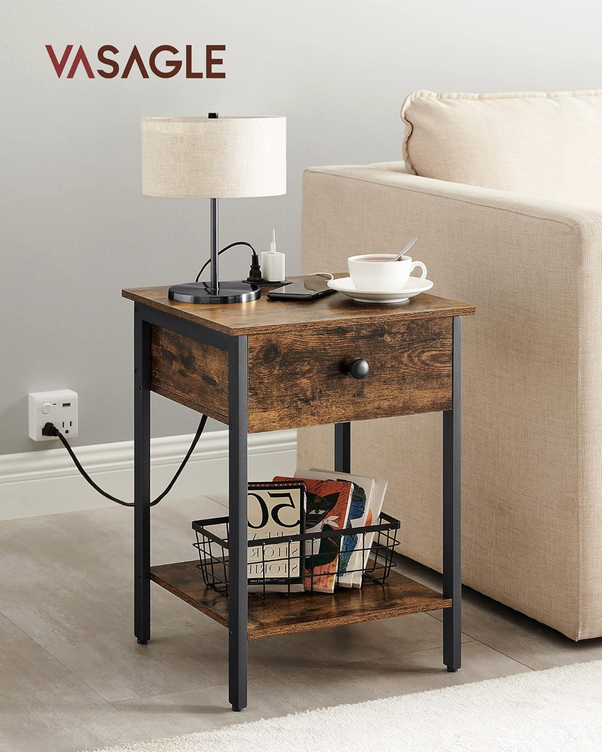 VASAGLE Nightstand with Charging Station, Side Table with Drawer and Open Shelf, End Table, for Bedroom, Easy Assembly, Industrial, Plug-in Series, Rustic Brown and Black ULET513B01