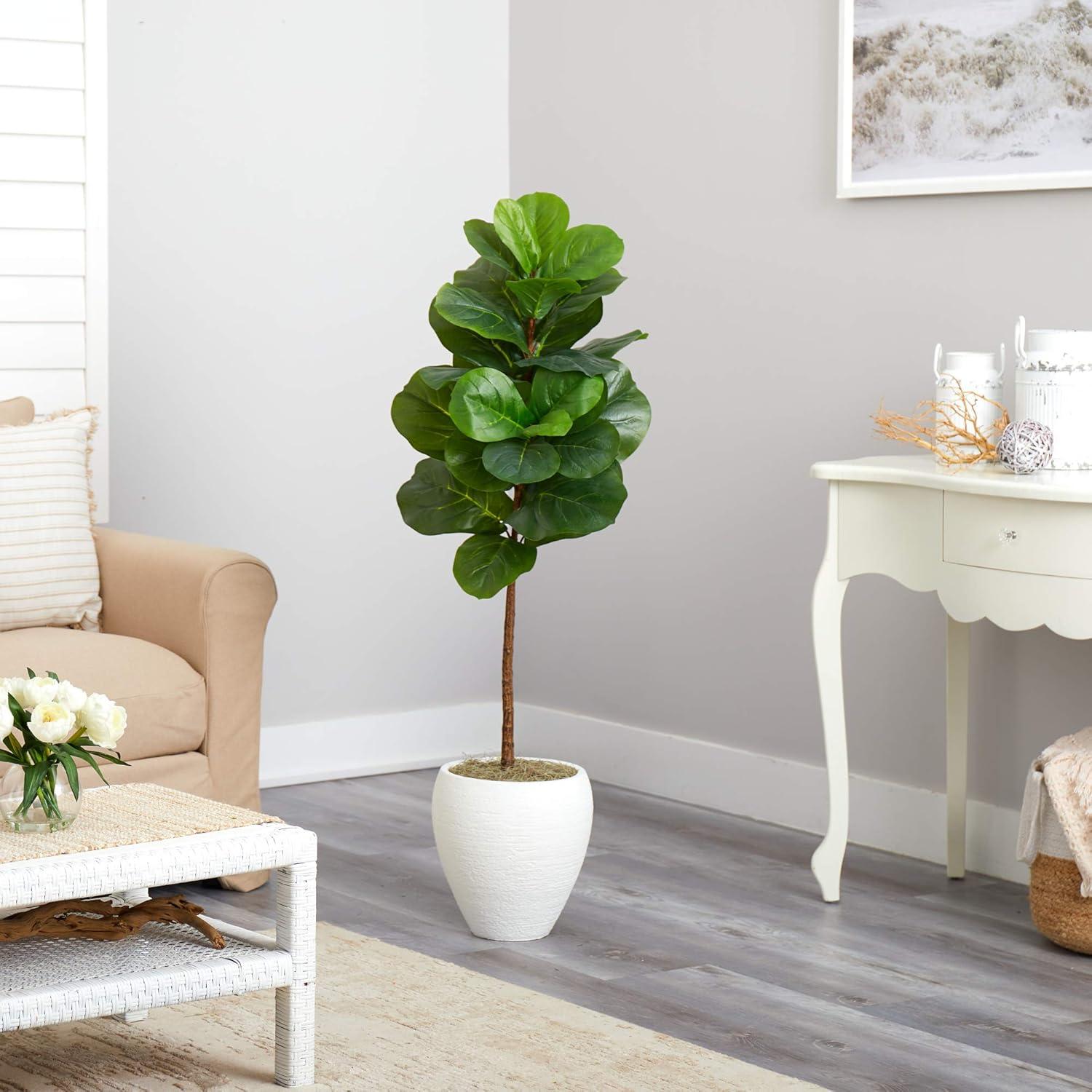 Nearly Natural 52-in Fiddle Leaf Artificial Tree in White Planter