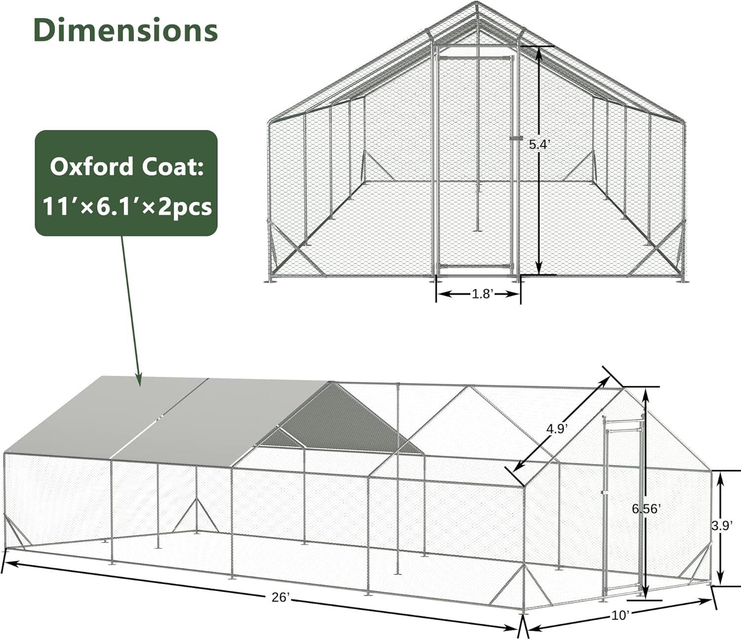 Outdoor Metal Chicken Coop Large Walk-in Poultry Cage Spire-Shaped Chicken Run with Waterproof and Anti-Ultraviolet Cover for Outside,Backyard and Farm ,13' L x 9.8' W x 6.4' H