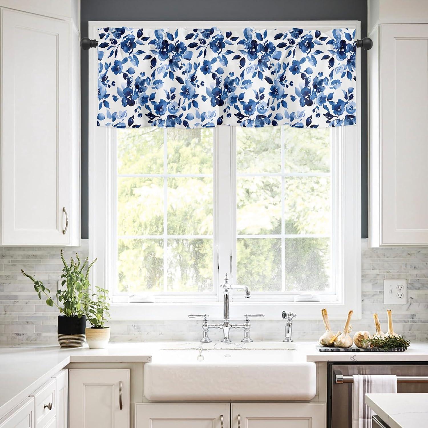 Watercolor Blue Floral Semi-Sheer Linen Rod Pocket Valance