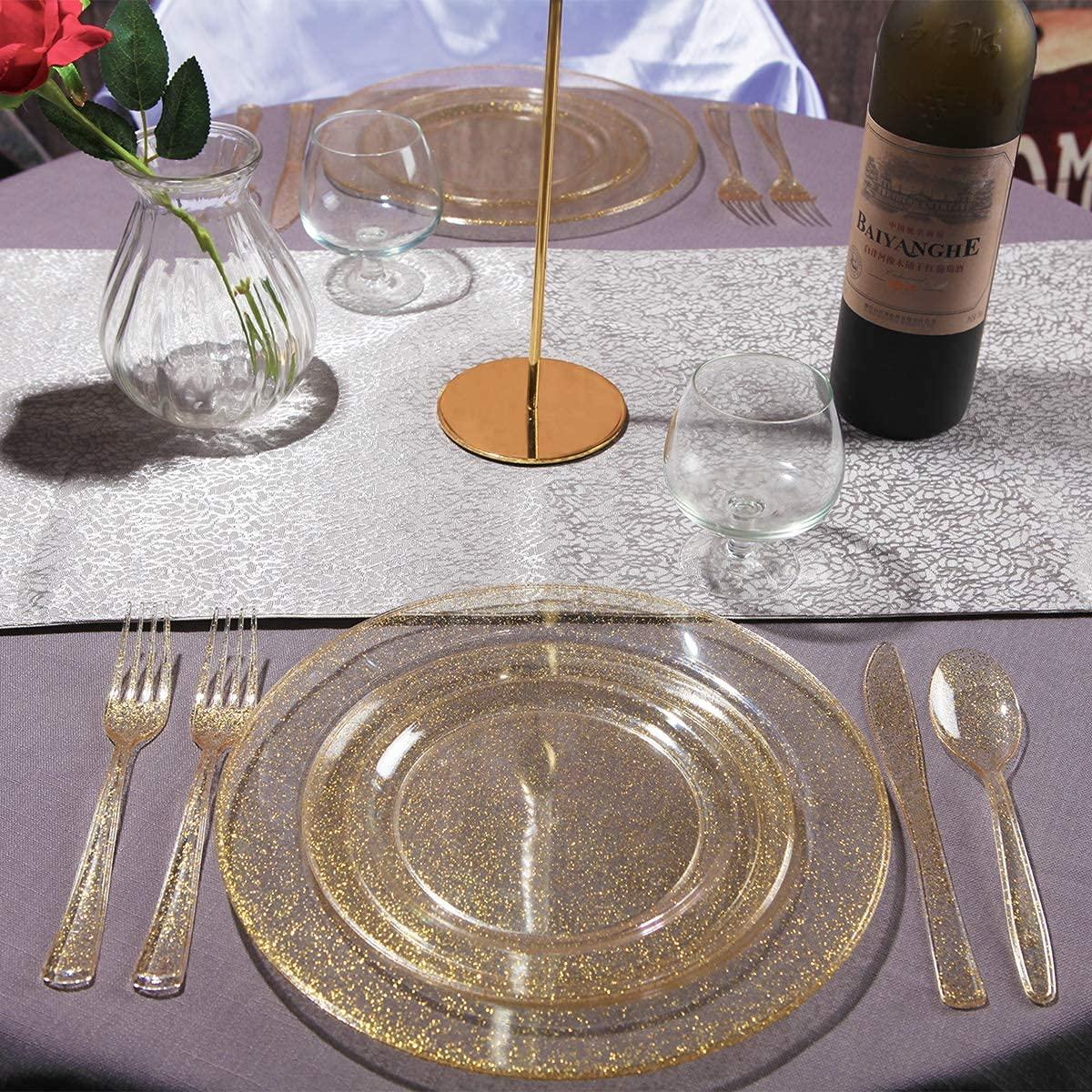 I00000 150PCS Gold Disposable Plates Silverware, Gold Glitter Dinnerware Set Include 25 Dinner Plates 10.25’’, 25 Dessert Plates 7.5’’, 25 cups 10 OZ, 25 Forks, 25 Knives, 25 Spoons for Wedding,Party