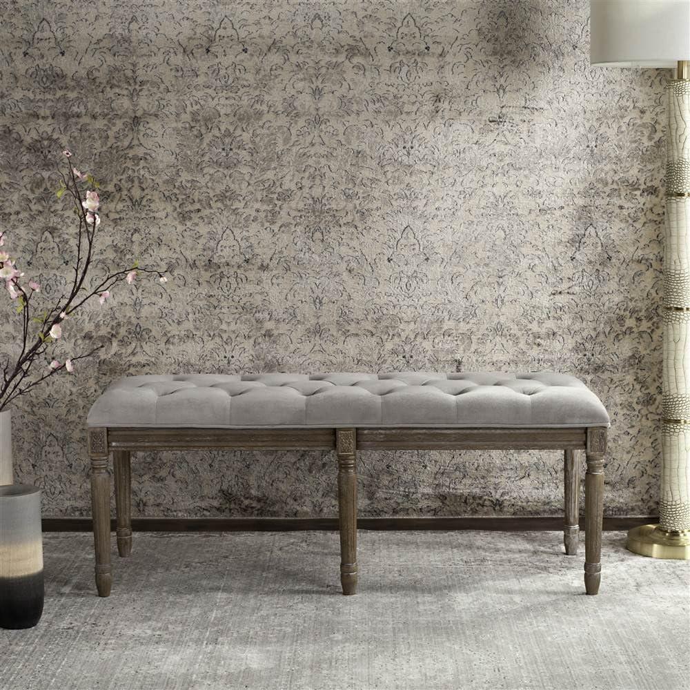 Rocha 19''H French Brasserie Tufted Traditional Rustic Wood Bench  - Safavieh