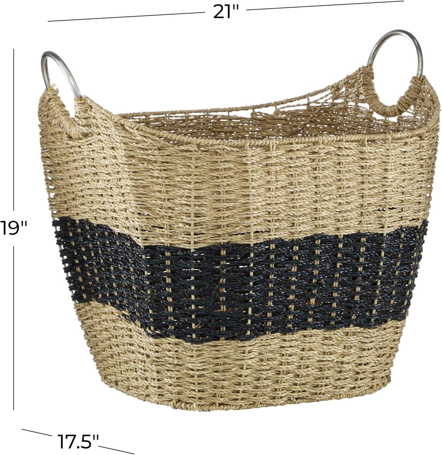 DecMode 21" x 19" Brown Seagrass Handmade Two Toned Storage Basket with Metal Handles, 1-Piece