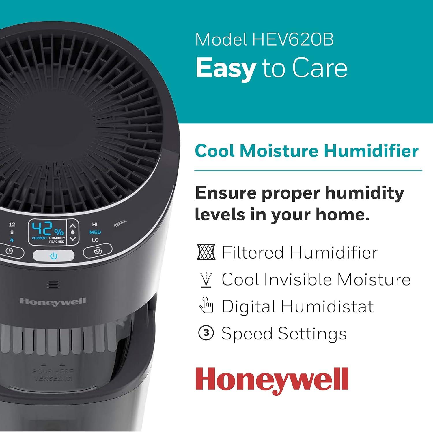 Honeywell Removable Top Fill Tower Humidifier: Cool Mist, 3 Settings, Adjustable Humidity, Portable, Black, ETL Listed