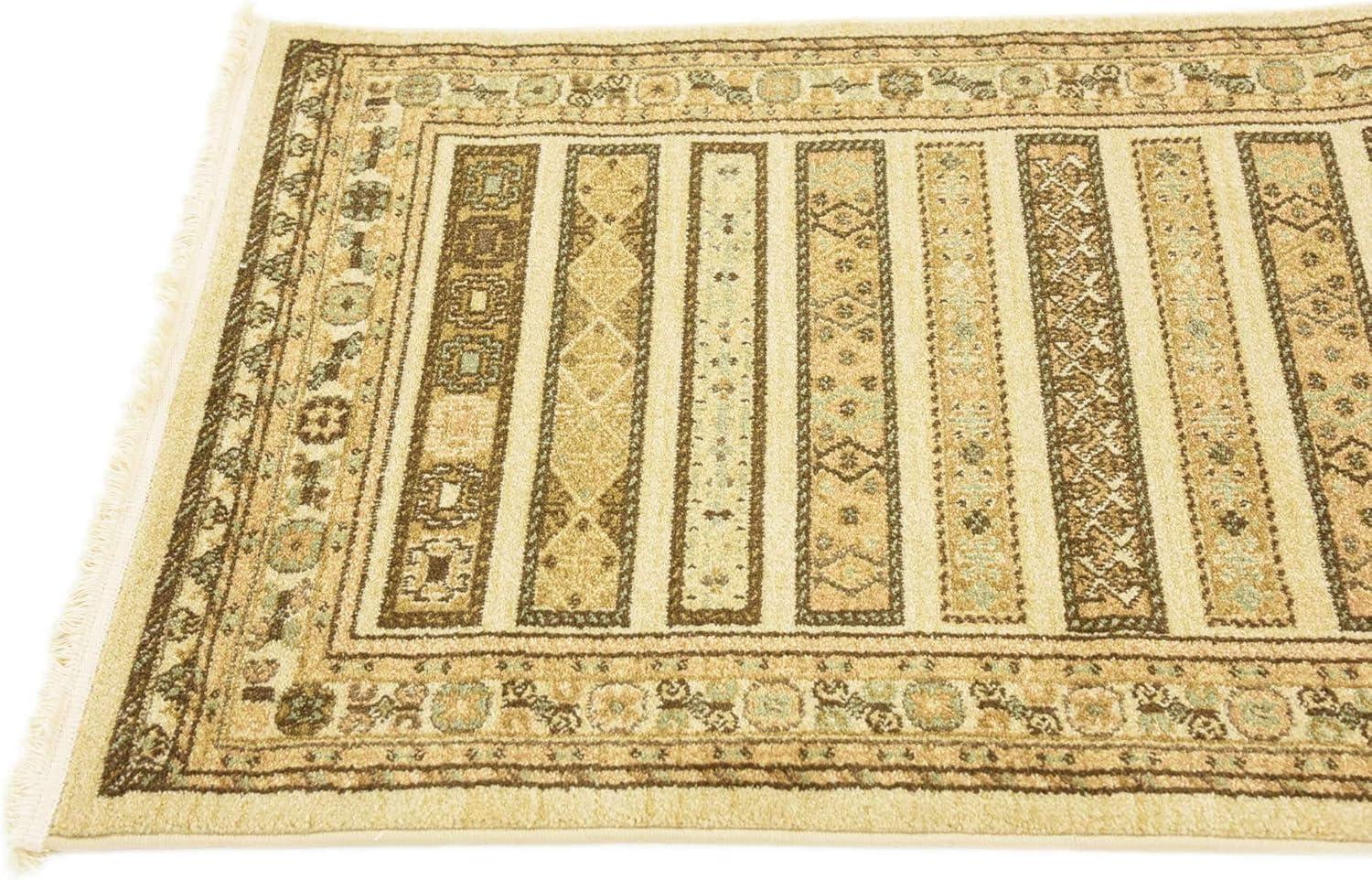 Ivory and Beige Striped Synthetic Runner Rug with Fringe