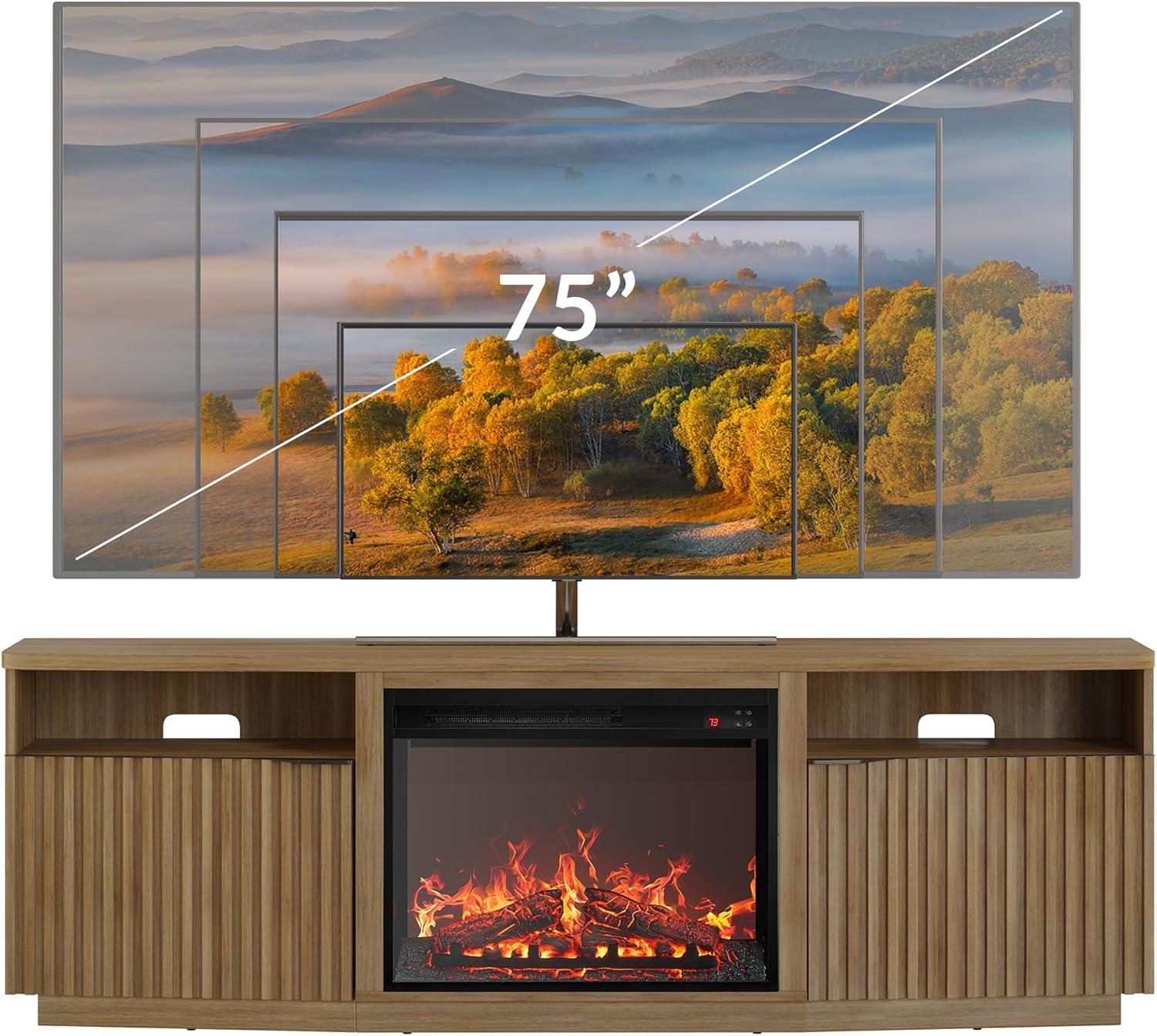 BELLEZE TV Stand with 23" Electric Fireplace Heater, 68" Entertainment Center for TV Up to 75", Media Console Table with Cable Management for Living Room, Bedroom - Camel