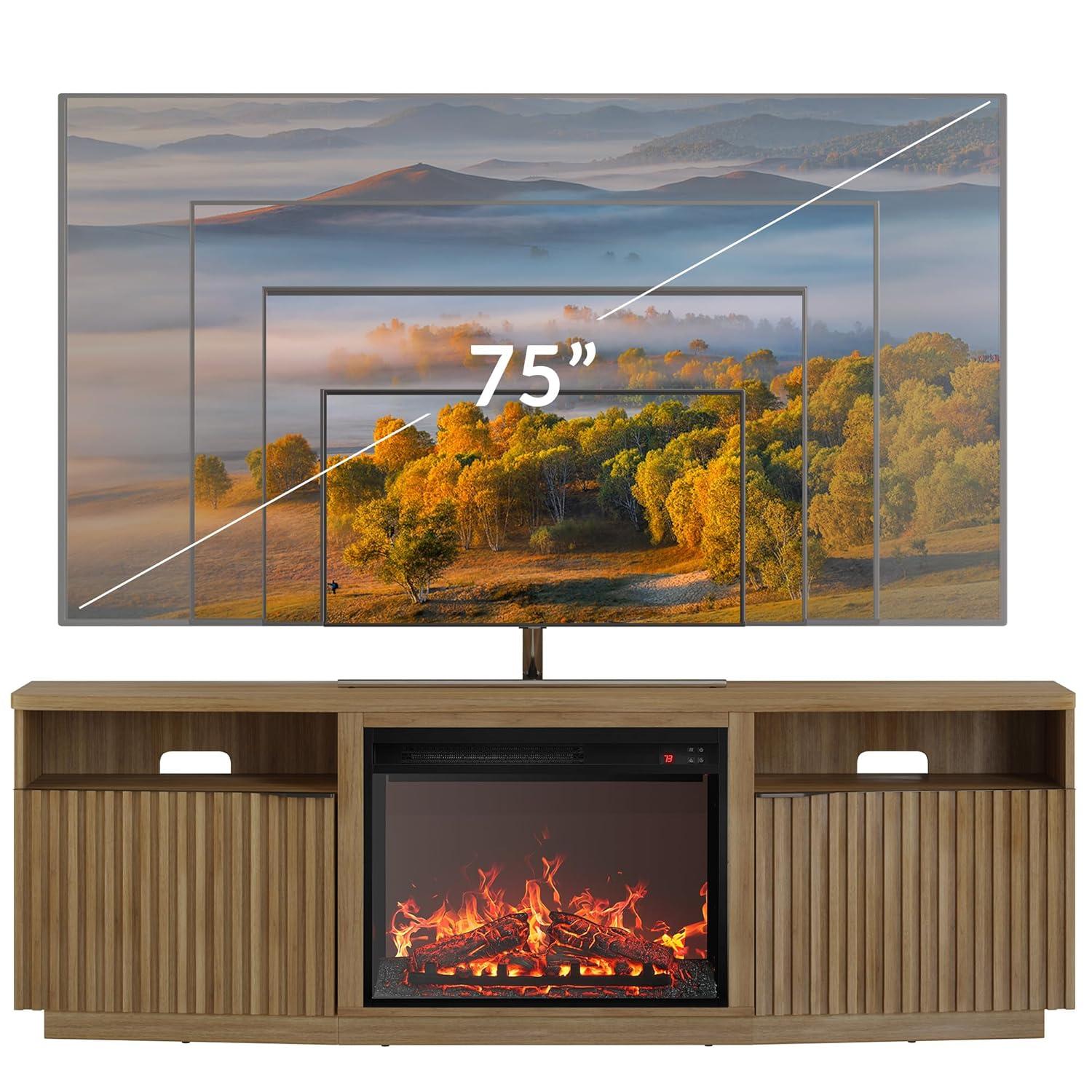 BELLEZE TV Stand with 23" Electric Fireplace Heater, 68" Entertainment Center for TV Up to 75", Media Console Table with Cable Management for Living Room, Bedroom - Camel