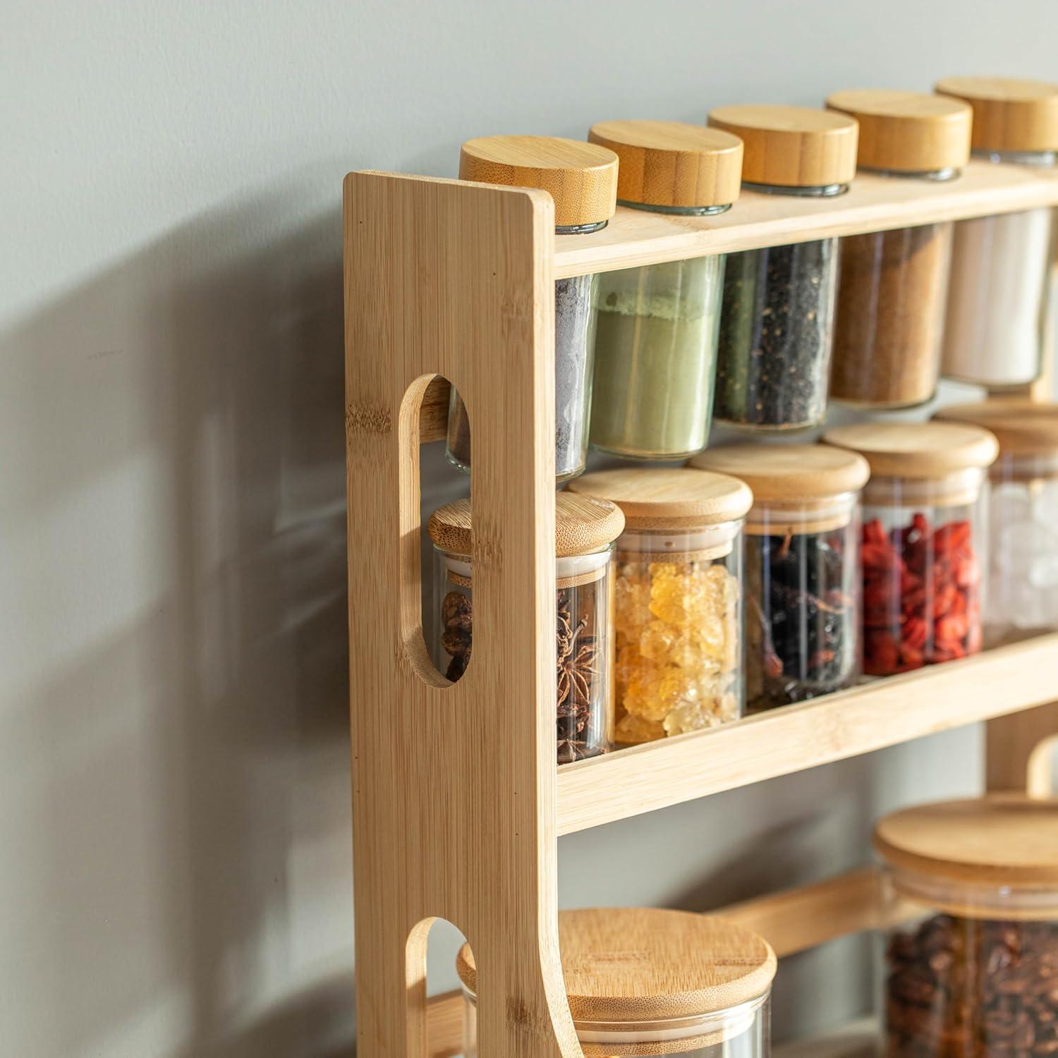 Basicwise Basicwise Versatile 3-tier Bamboo Spice Rack And Pantry Organizer With 13 Glass Jars – Perfect For Countertop Storage In Kitchens To Keep  Seasoning Containers Neatly Displayed And Easily Accessible
