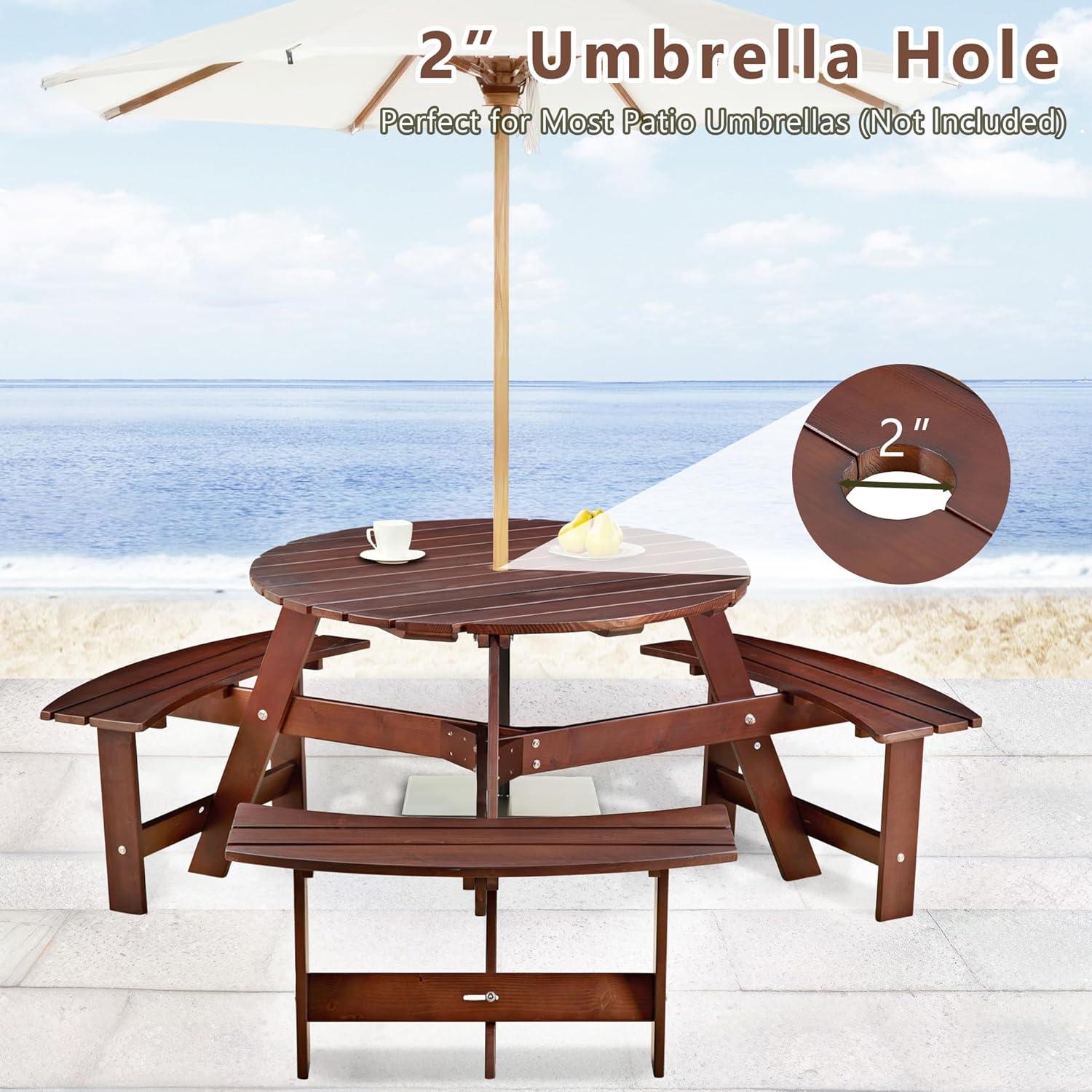 6 Person Wood Picnic Table, Outdoor Round Picnic Table with 3 Built-in Benches, Umbrella Hole, Outside Table and Bench Set for Patio, Backyard, 500lbs Capacity Per Bench (Brown)