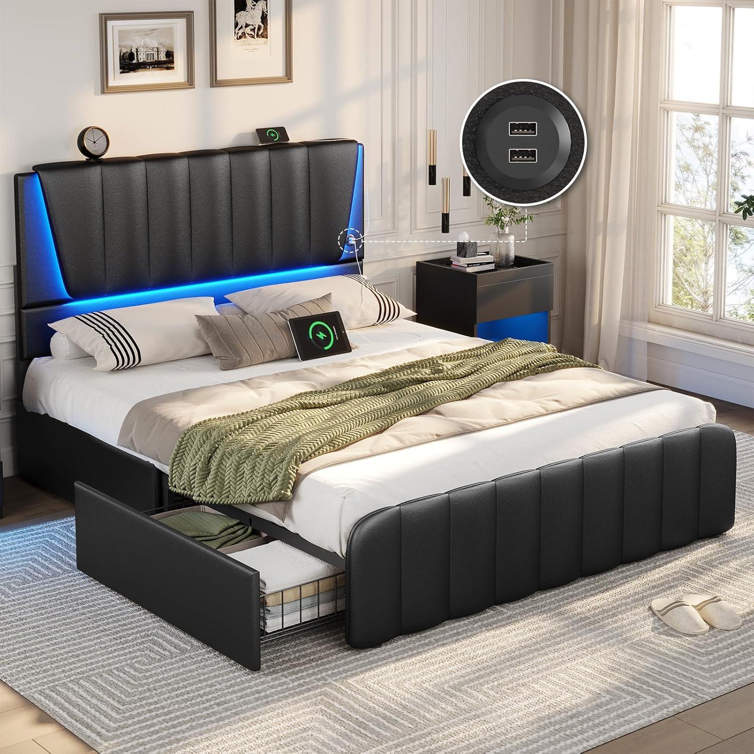 Full Size Black Faux Leather LED Bed Frame with Storage Drawers