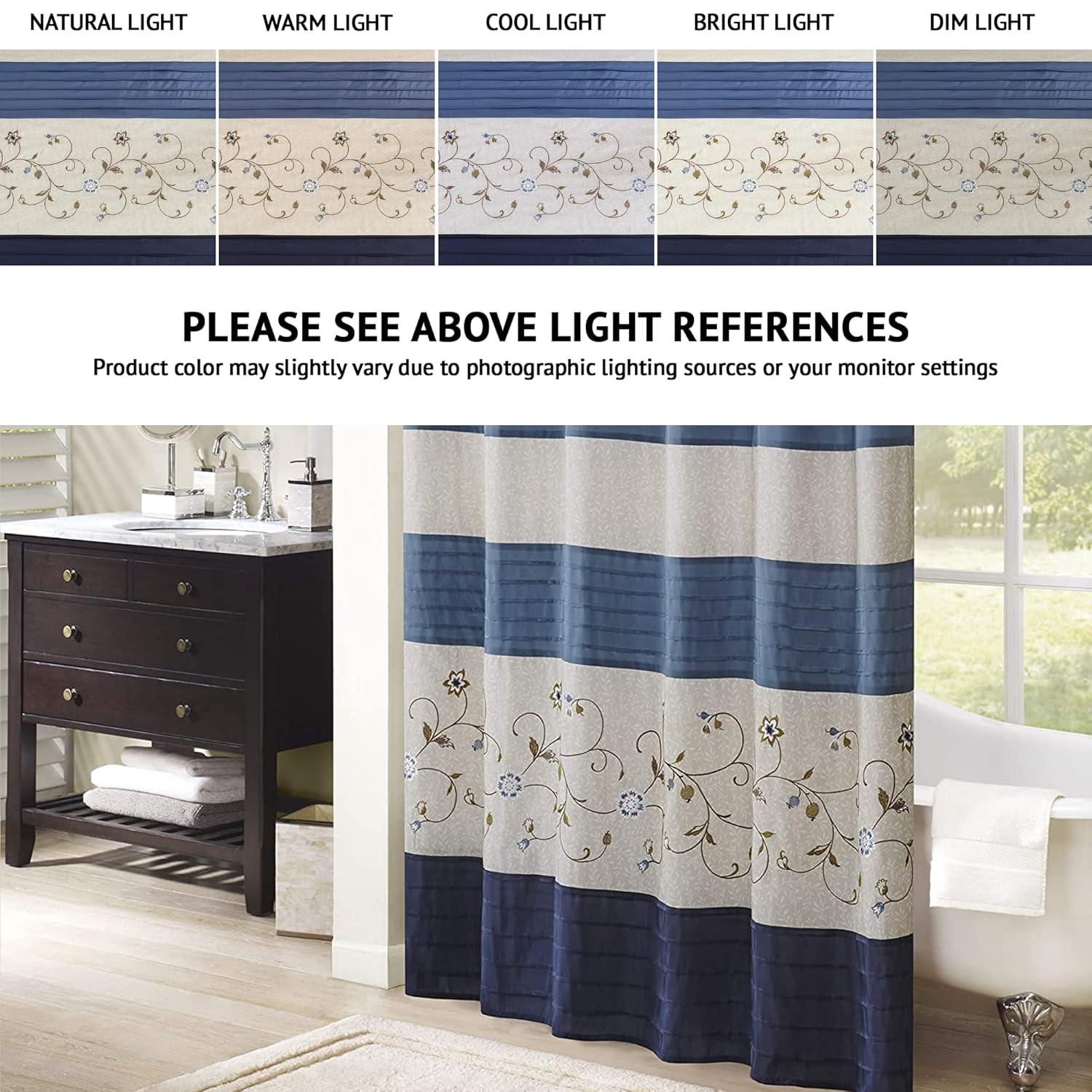 Monroe Embroidered Floral Shower Curtain Navy - Madison Park: 100% Polyester, Faux Silk, Machine Washable