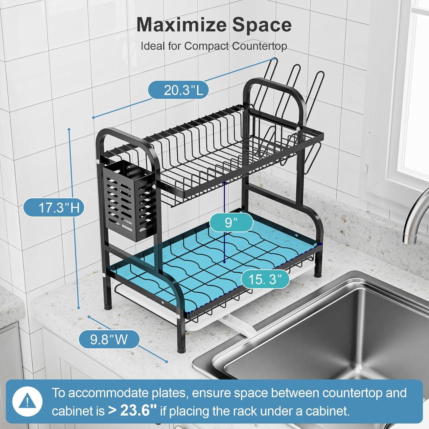 2 Tier Dish Drying Rack for Kitchen Counter，Stainless Steel Large Capacity Dish Rack with Detachable Dish Drainer Organizer，Utensil Holder and Drain Board