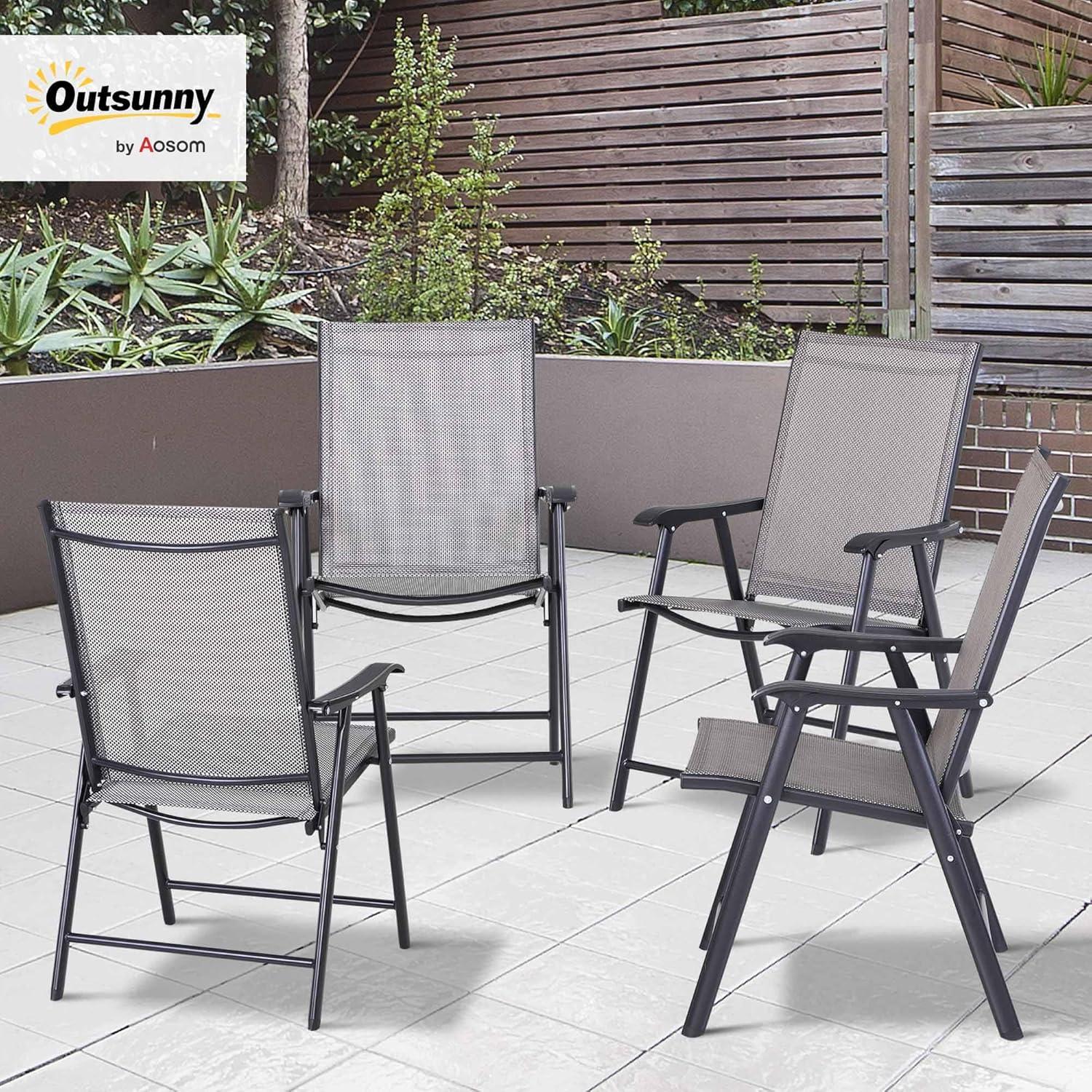 Outsunny Set of 4 Patio Folding Chairs, Stackable Outdoor Sling Chairs with Armrests for Lawn, Camping, Dining, Beach, Metal Frame, Gray