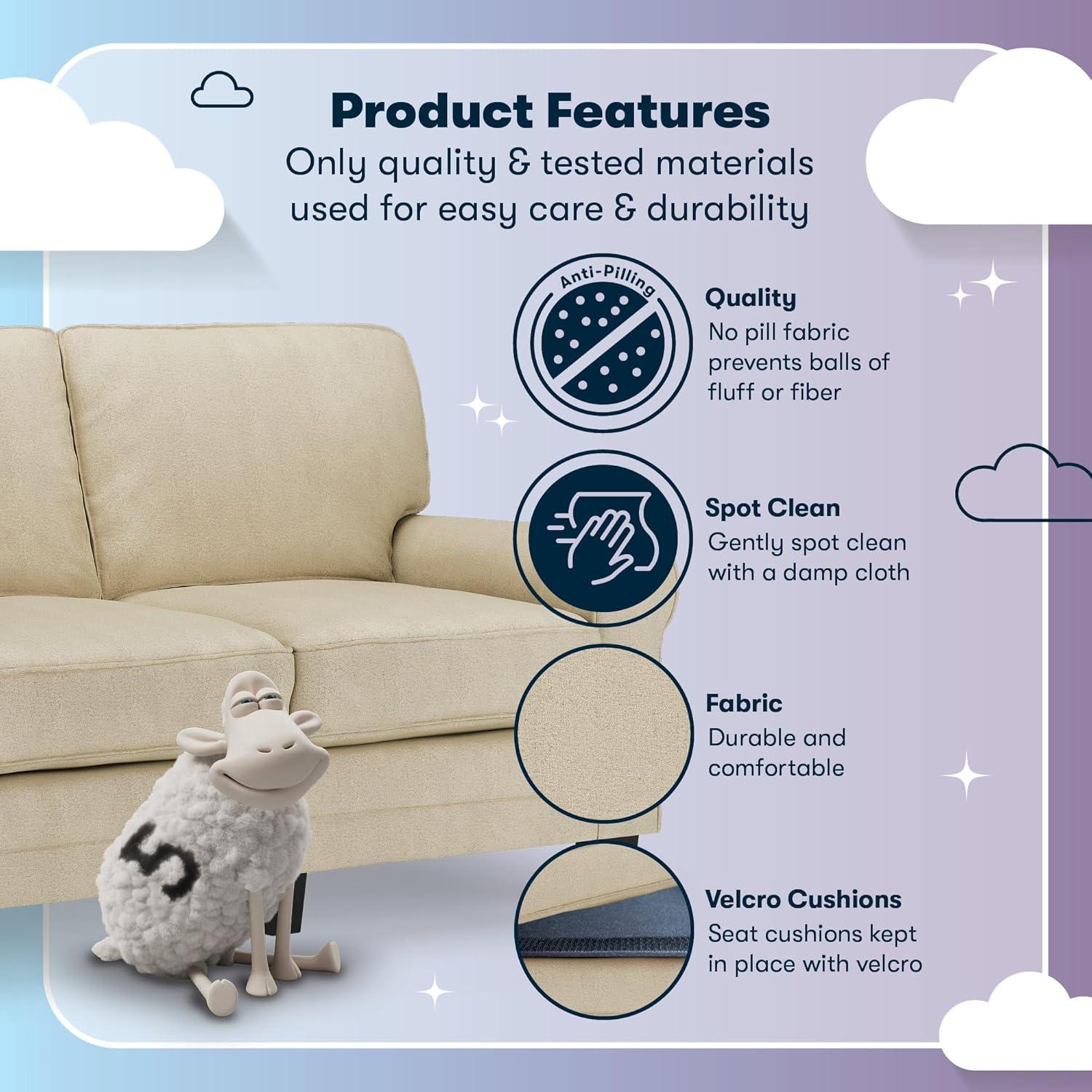 Serta Copenhagen 61" Rolled Arm Sofa, Easy Care Fabric, Soft Pillow Back, Pocket Coil Seat Cushions