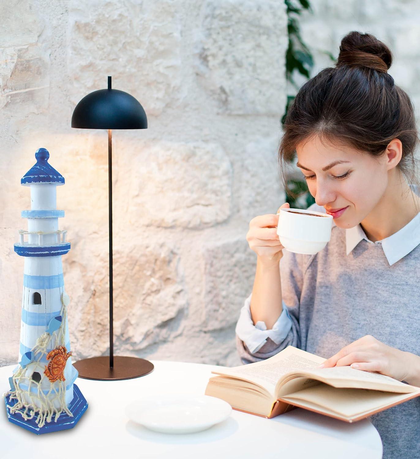 Handcrafted Light Blue and White Wooden Lighthouse Figurine with Crab