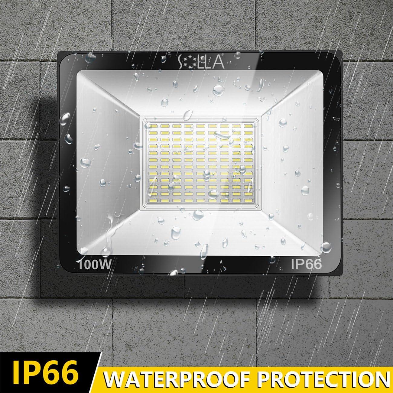 SOLLA 2 Pack 100W LED Flood Light Outdoor, 8000LM Super Bright Security Lights, 550W Equivalent, IP66 Waterproof, 3000K Warm White, Outside Floodlight for Garage, Garden, Lawn and Yard