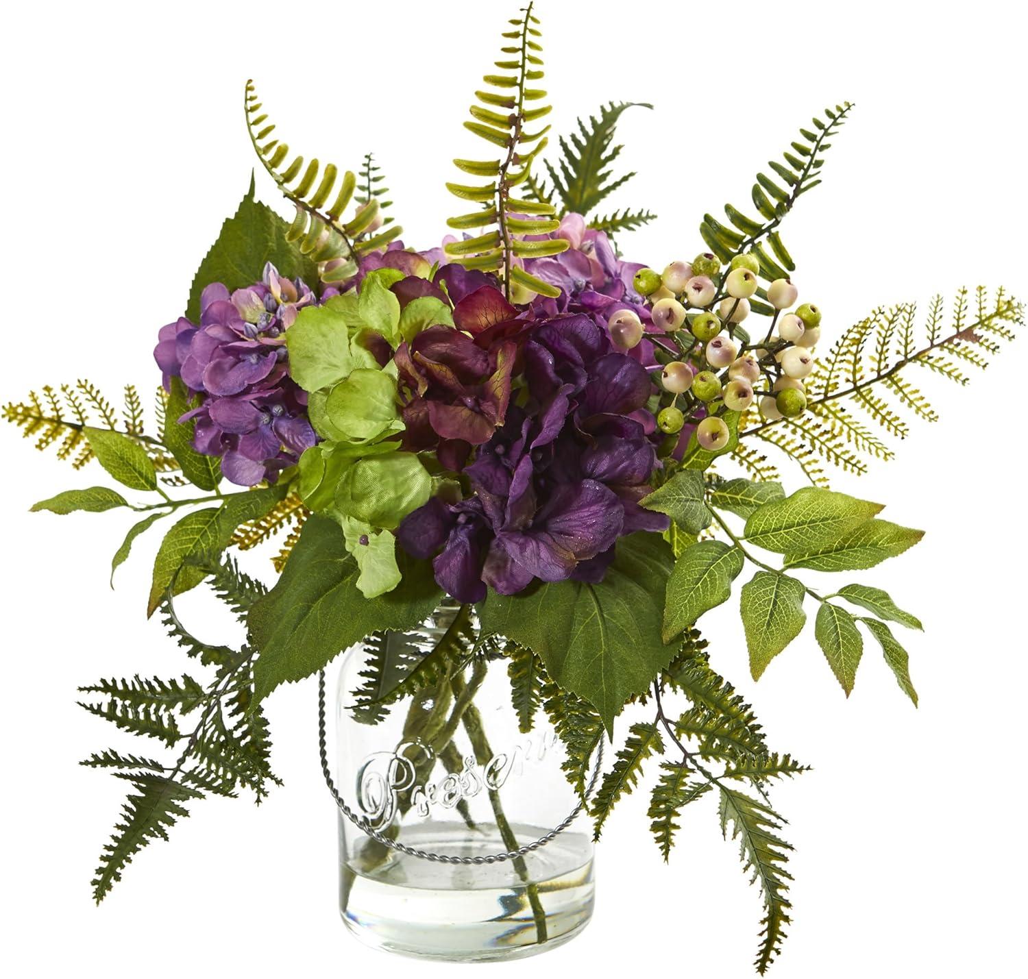 Elegant Hydrangea & Berry Silk Floral Arrangement in Glass Vase